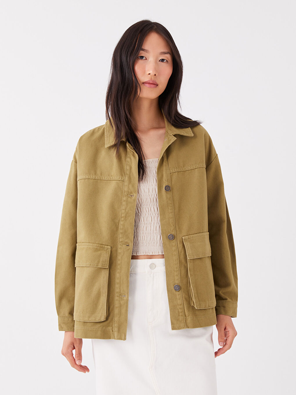 Haki Gömlek Yaka Düz Uzun Kollu Kadın Ceket
