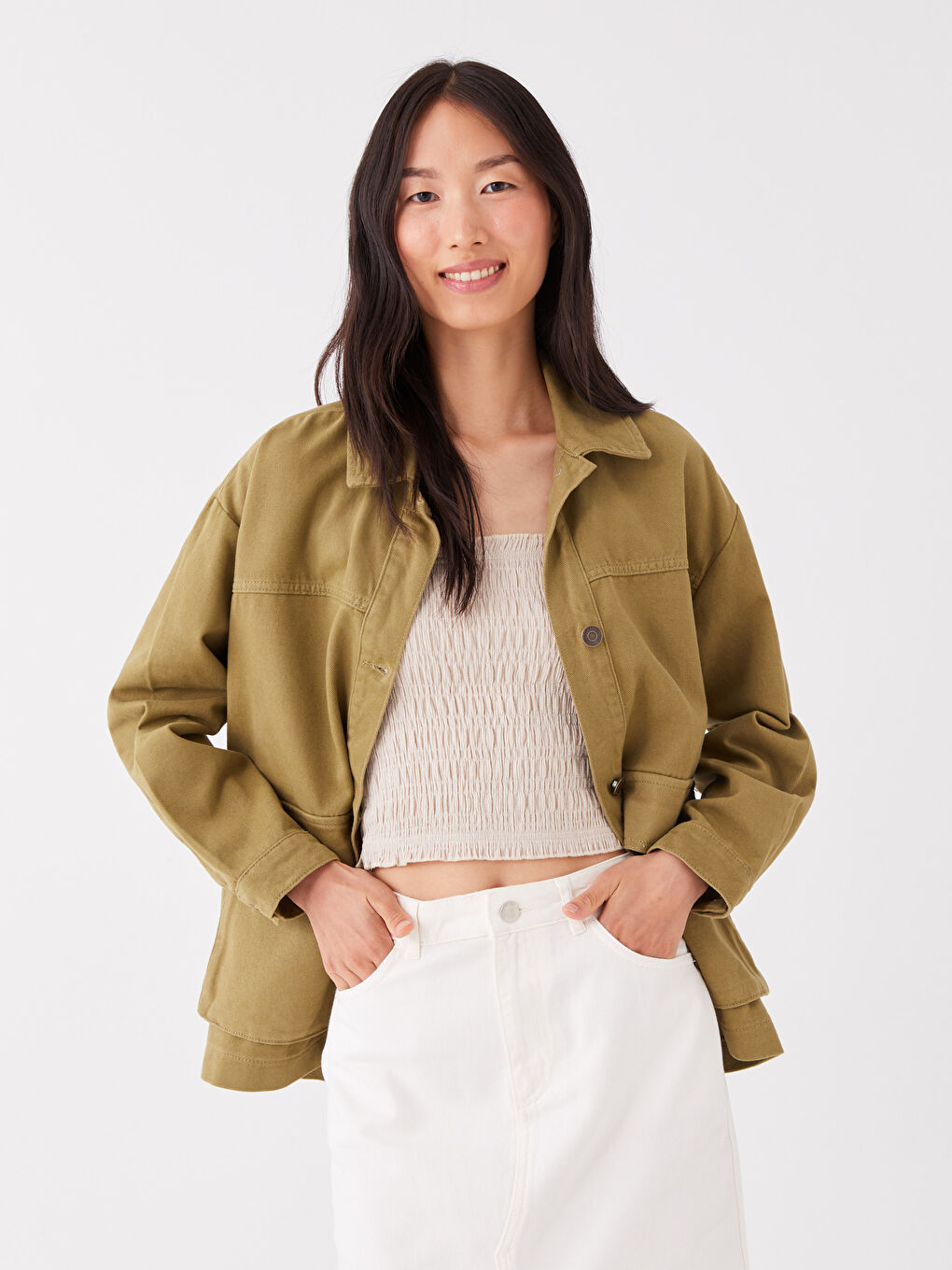 Haki Gömlek Yaka Düz Uzun Kollu Kadın Ceket-1