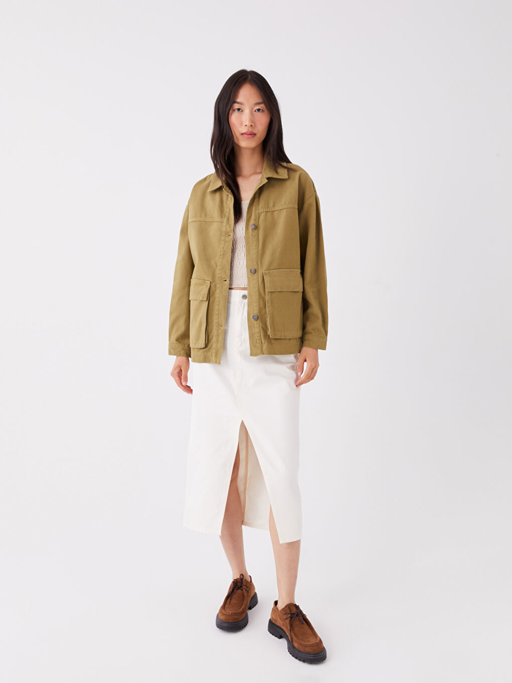 Haki Gömlek Yaka Düz Uzun Kollu Kadın Ceket-2