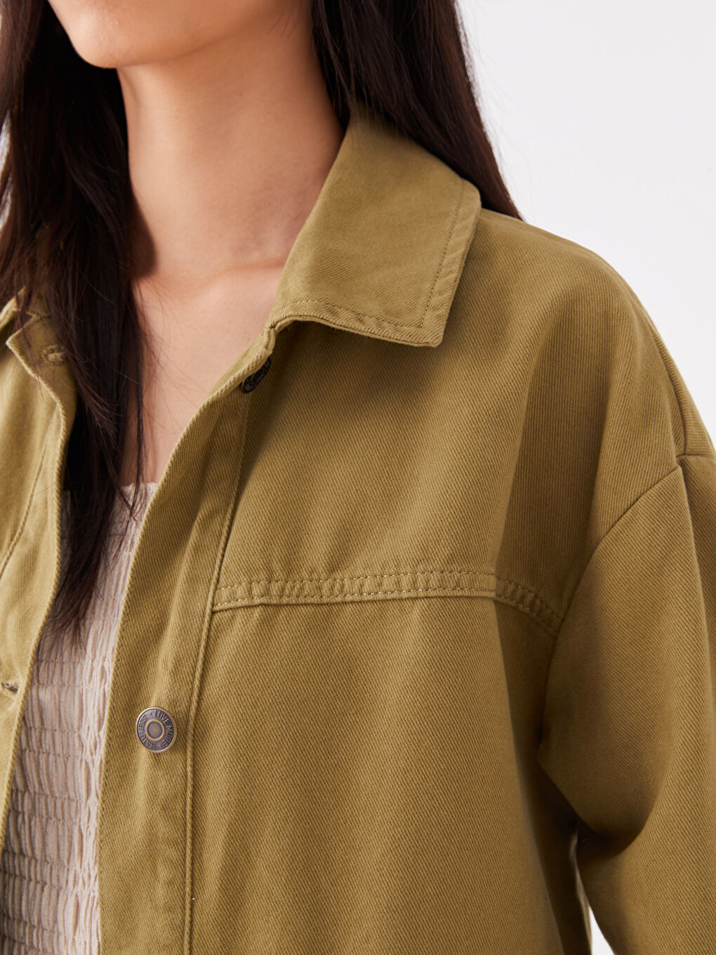 Haki Gömlek Yaka Düz Uzun Kollu Kadın Ceket-3