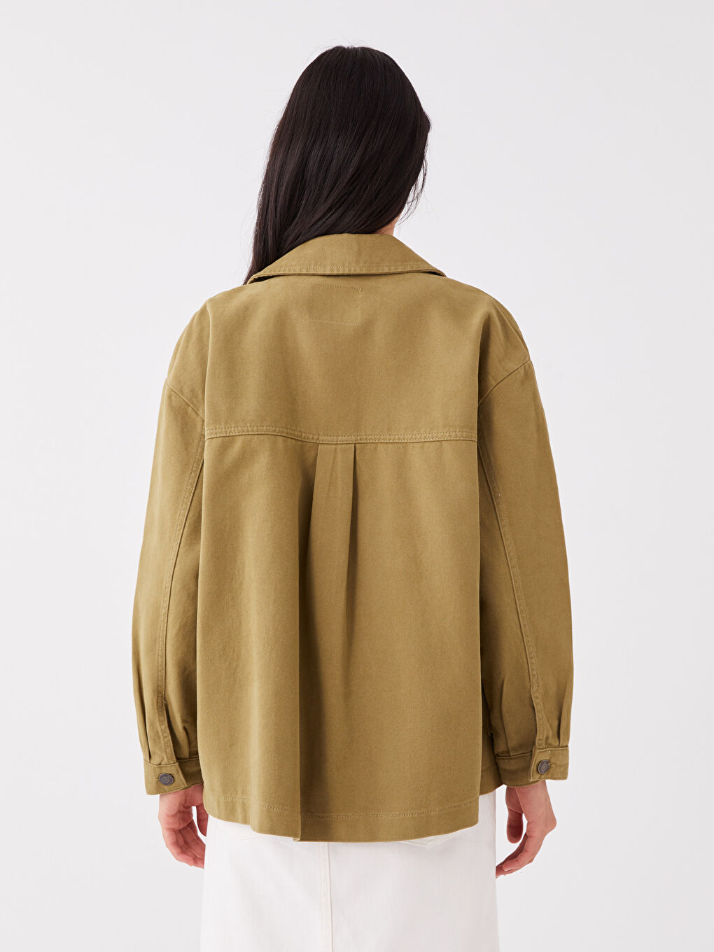 Haki Gömlek Yaka Düz Uzun Kollu Kadın Ceket-4