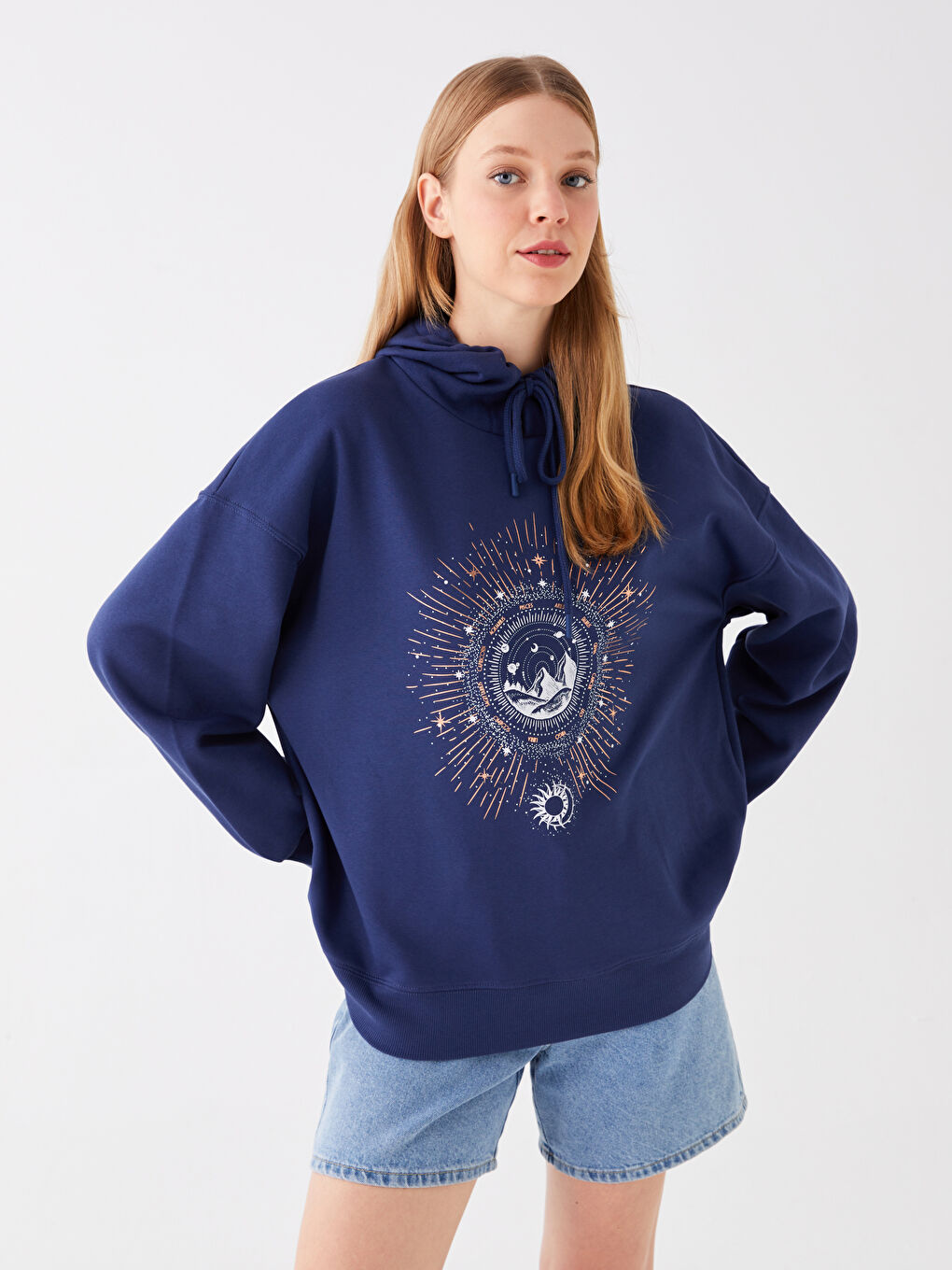 LCW Vision Lacivert Baskılı Oversize Kadın Kalın Hoodie