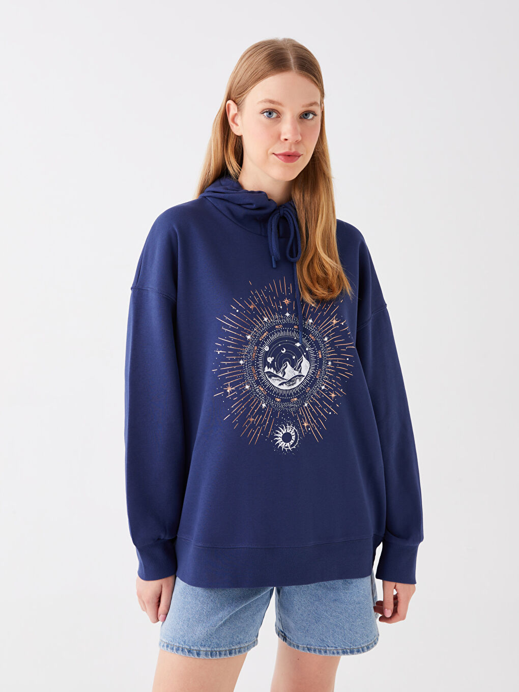 LCW Vision Lacivert Baskılı Oversize Kadın Kalın Hoodie - 1