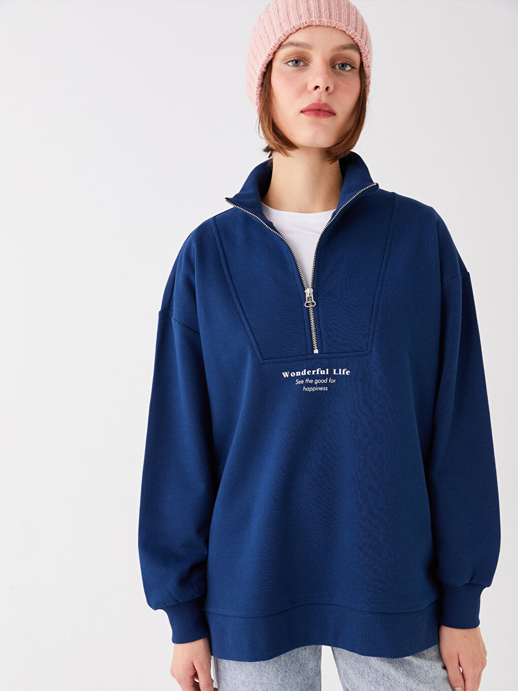 LCW Vision Lacivert Dik Yaka Baskılı Uzun Kollu Oversize Kadın Sweatshirt