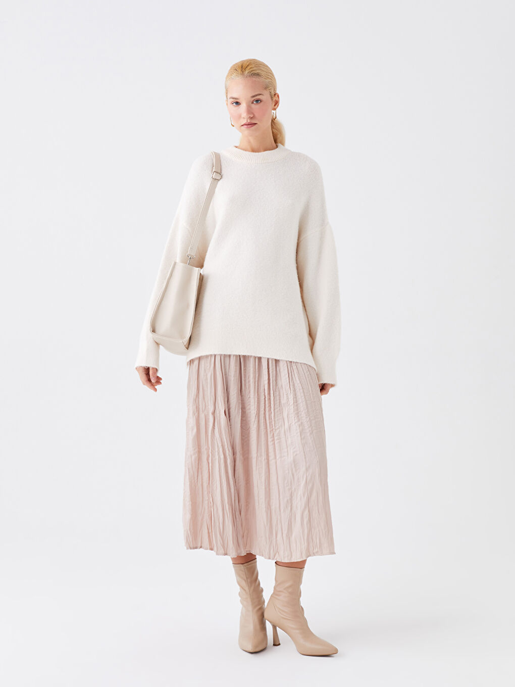 Ekru Deri Görünümlü Kadın El Çantası-1