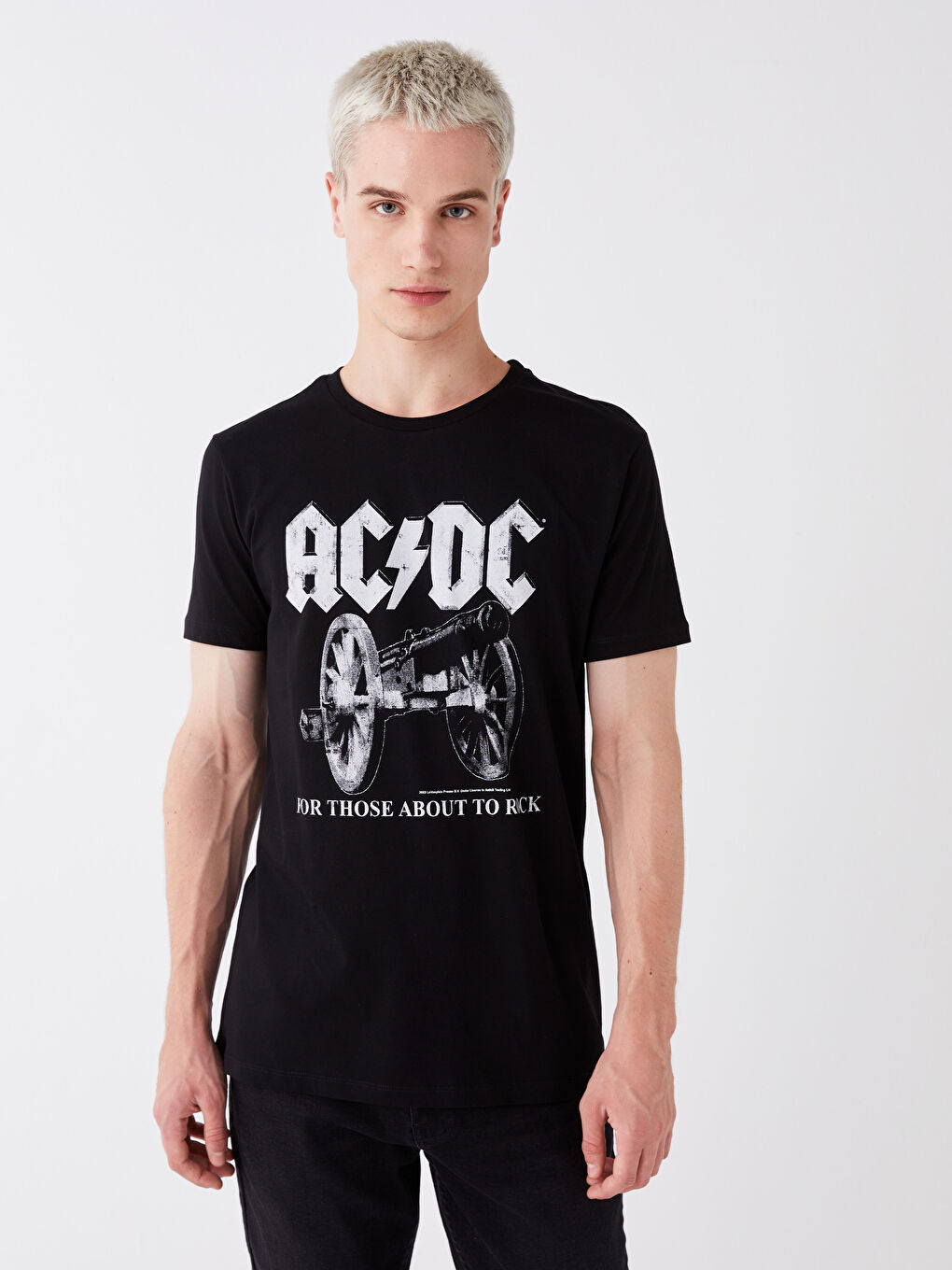 XSIDE Yeni Siyah Bisiklet Yaka Kısa Kollu AC/DC Baskılı Penye Erkek Tişört - 1