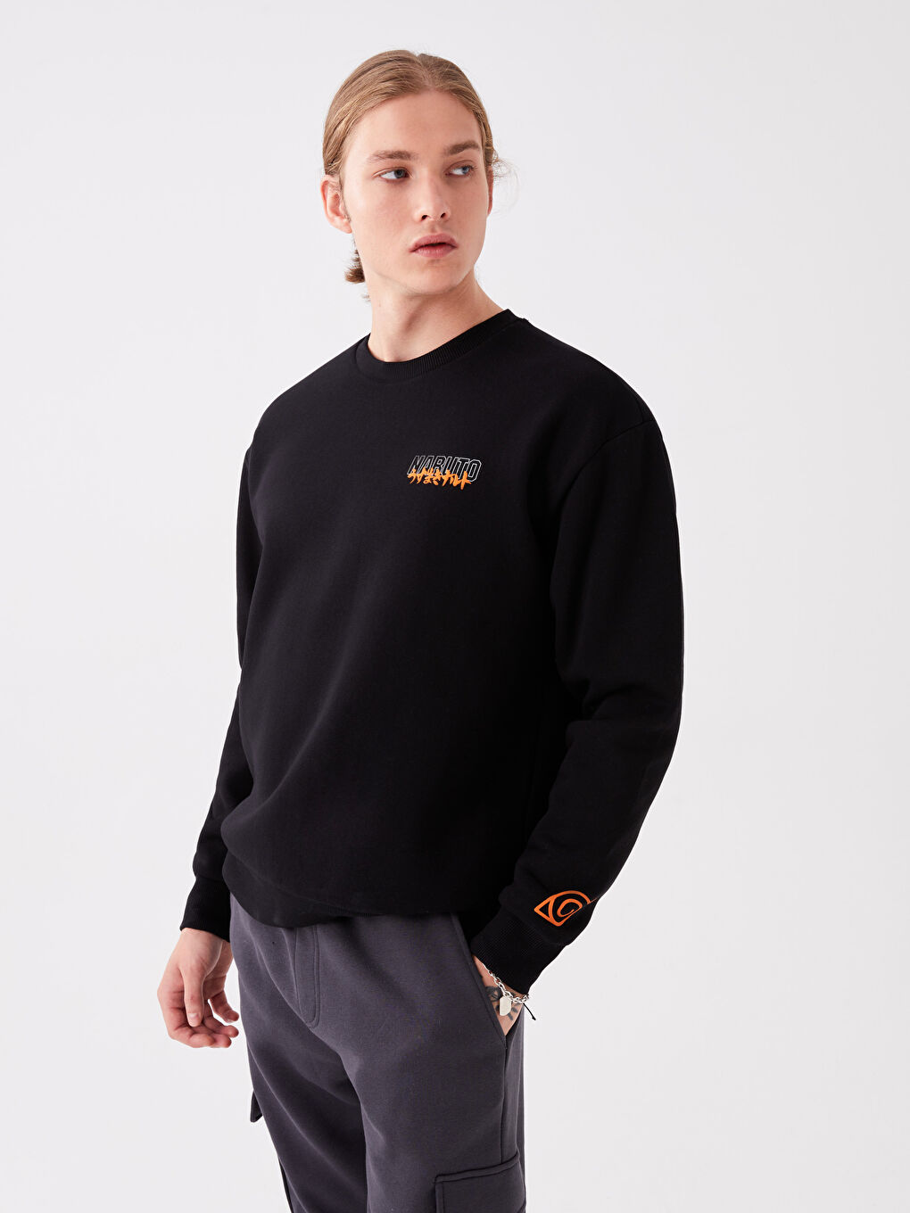 XSIDE Yeni Siyah Bisiklet Yaka Uzun Kollu Baskılı Erkek Sweatshirt - 1