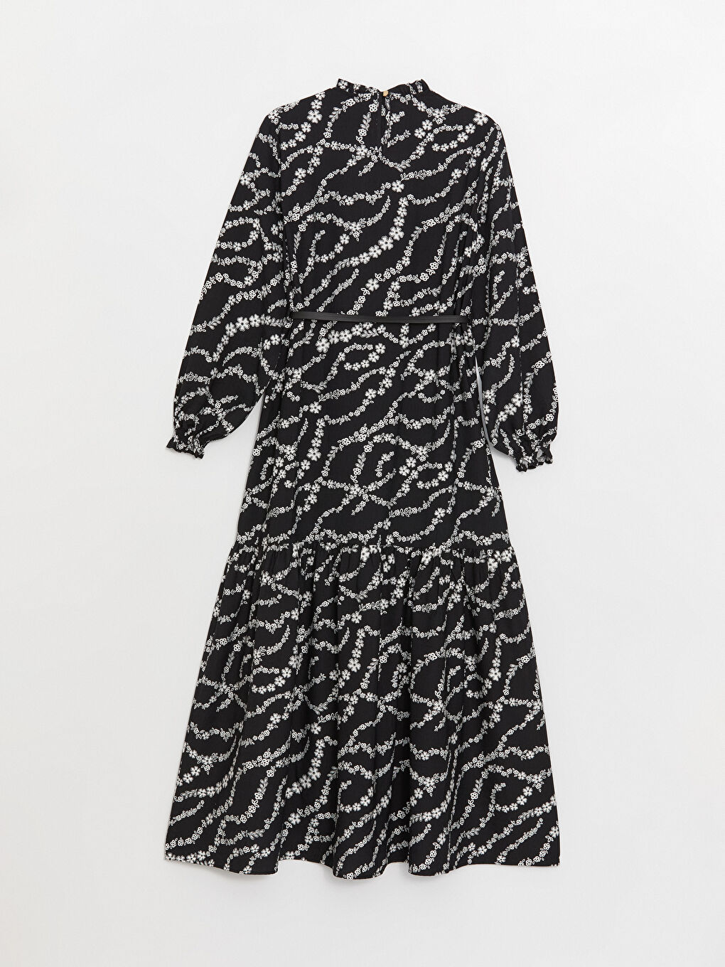 Siyah Fırfırlı Dik Yaka Çiçekli Katkat Elbise-1
