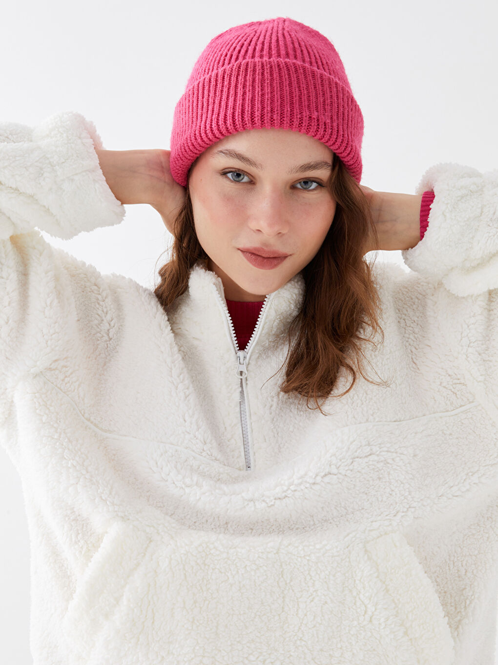 Ekru Dik Yaka Düz Uzun Kollu Kadın Sweatshirt