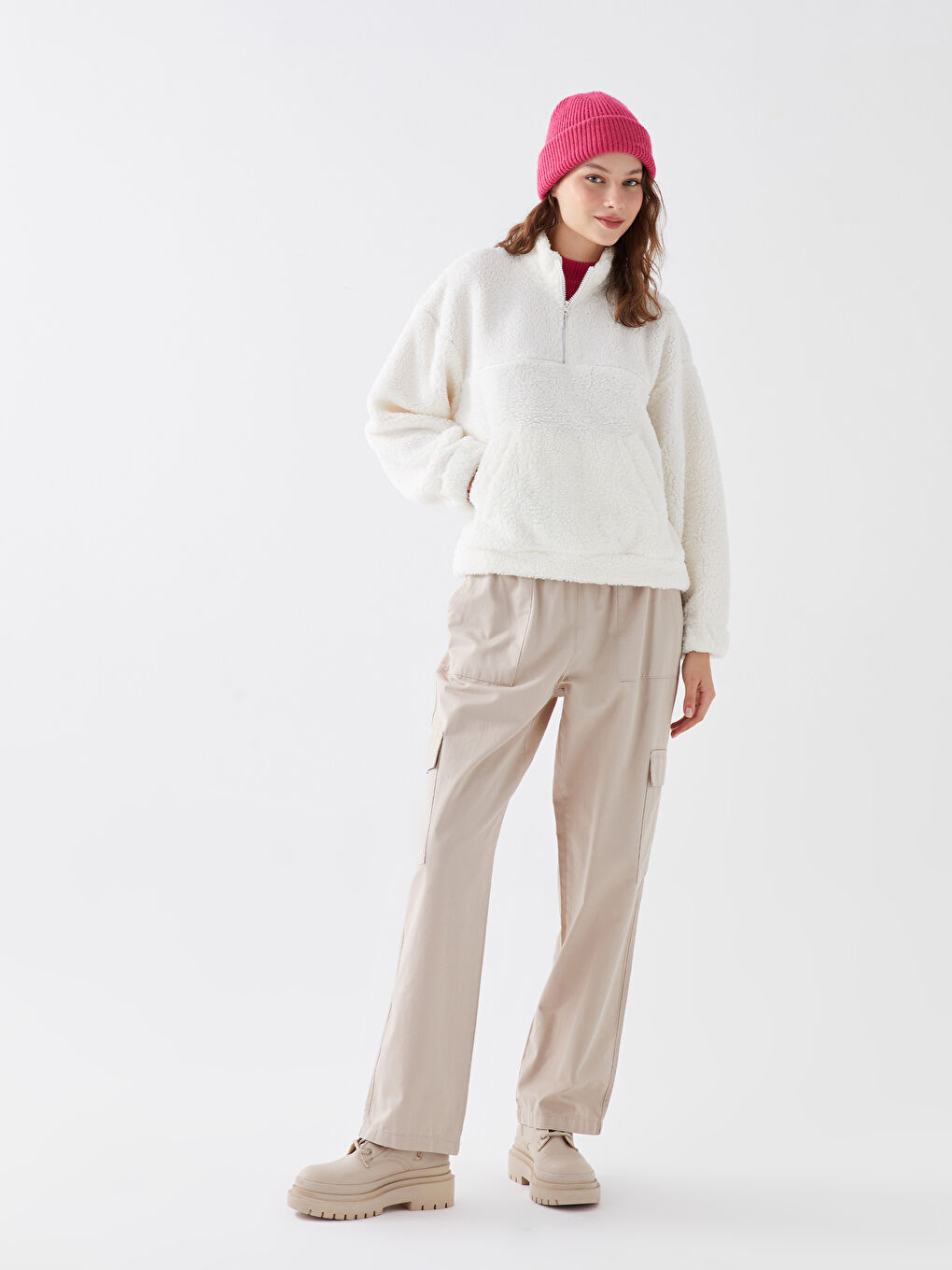 Ekru Dik Yaka Düz Uzun Kollu Kadın Sweatshirt-2