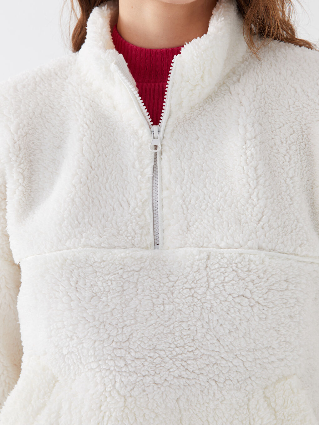 Ekru Dik Yaka Düz Uzun Kollu Kadın Sweatshirt-3