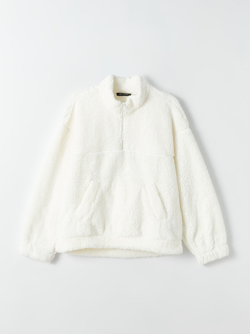 Ekru Dik Yaka Düz Uzun Kollu Kadın Sweatshirt-5