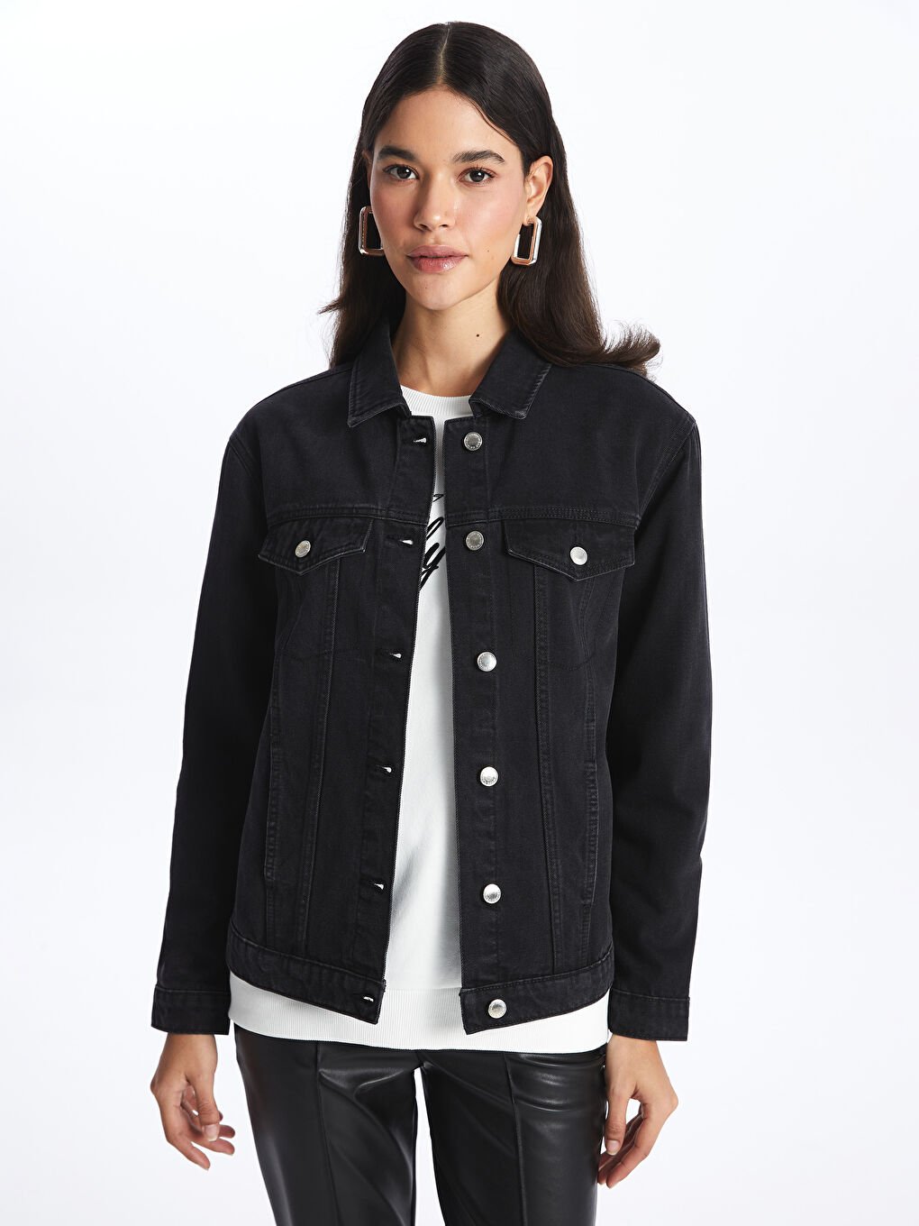 جاكيت قميص دينيم كم طويل سادة للسيدات-1