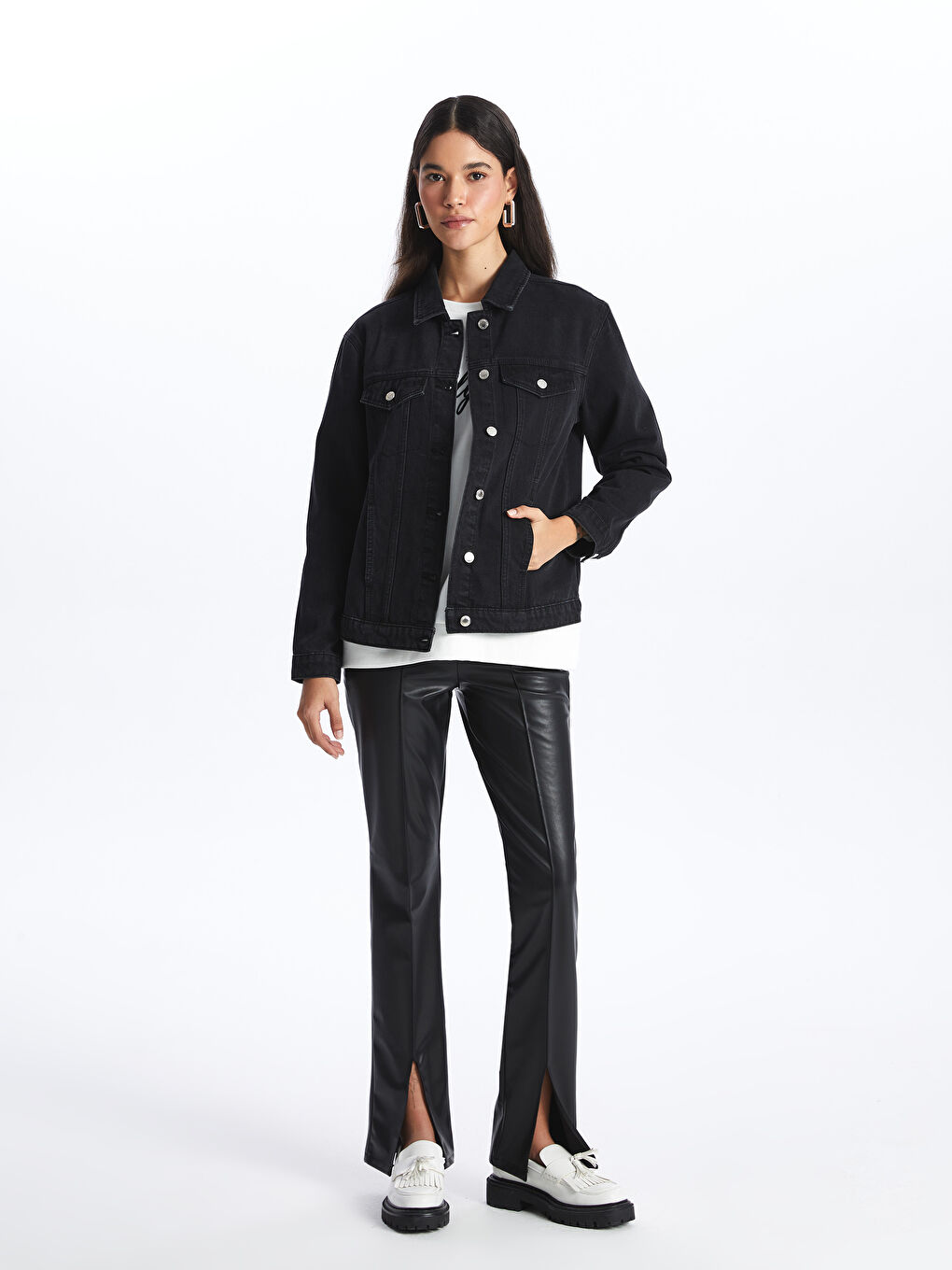 جاكيت قميص دينيم كم طويل سادة للسيدات-2