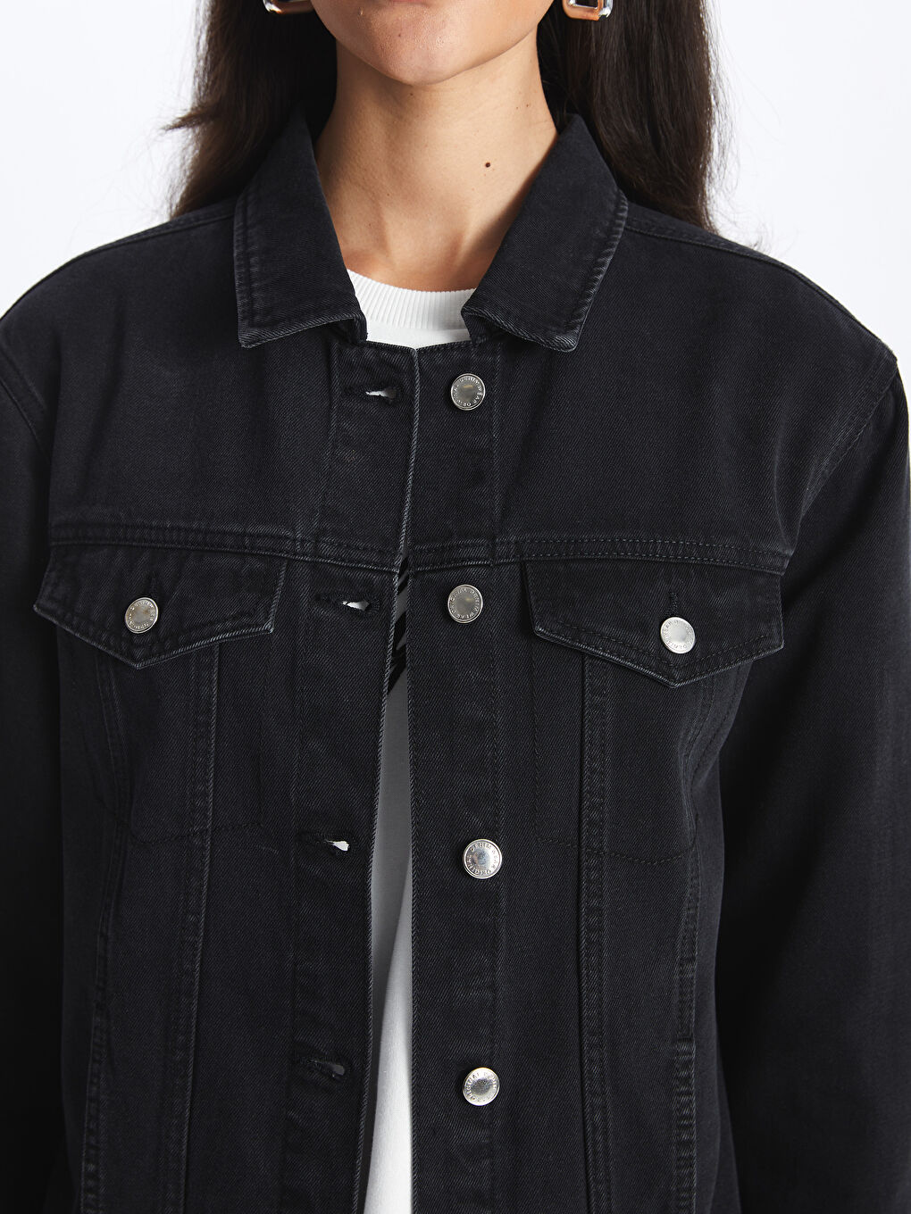 جاكيت قميص دينيم كم طويل سادة للسيدات-3