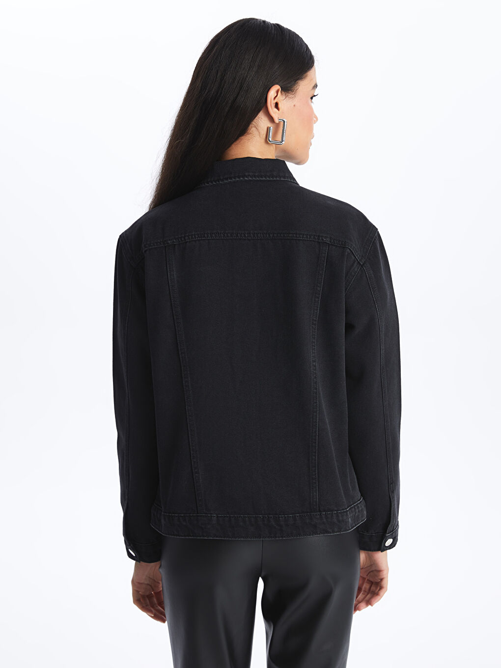 جاكيت قميص دينيم كم طويل سادة للسيدات-4