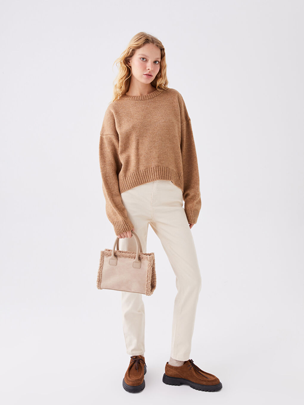 Ekru Süet Görünümlü Kadın Tote Çanta-2