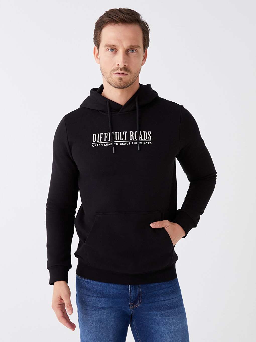 LCWAIKIKI Classic Yeni Siyah Uzun Kollu Baskılı Erkek Hoodie