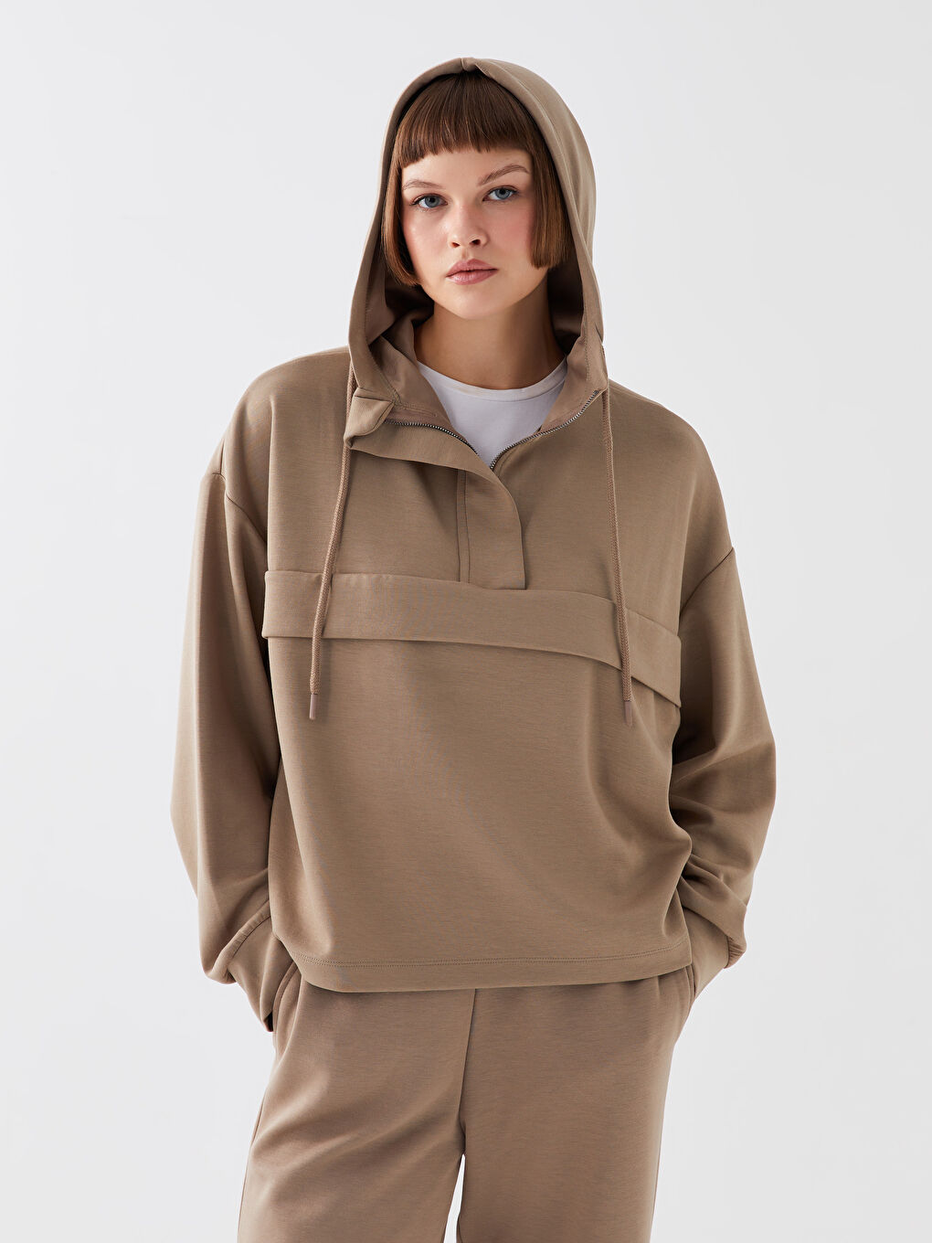 LCW Vision Kahverengi Düz Oversize Kadın Hoodie