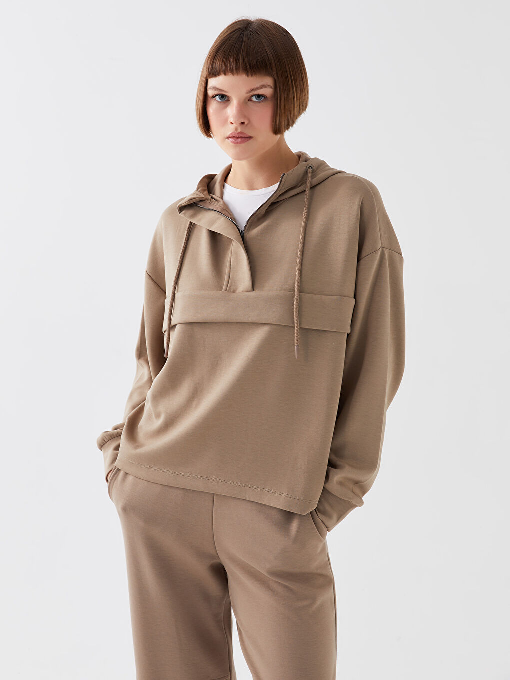 LCW Vision Kahverengi Düz Oversize Kadın Hoodie - 1