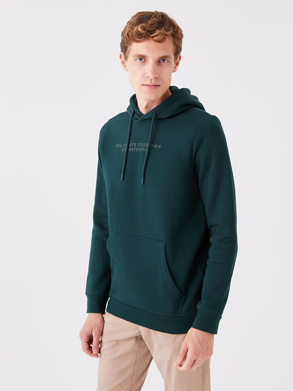 LCWAIKIKI Classic Koyu Yeşil Uzun Kollu Baskılı Erkek Hoodie