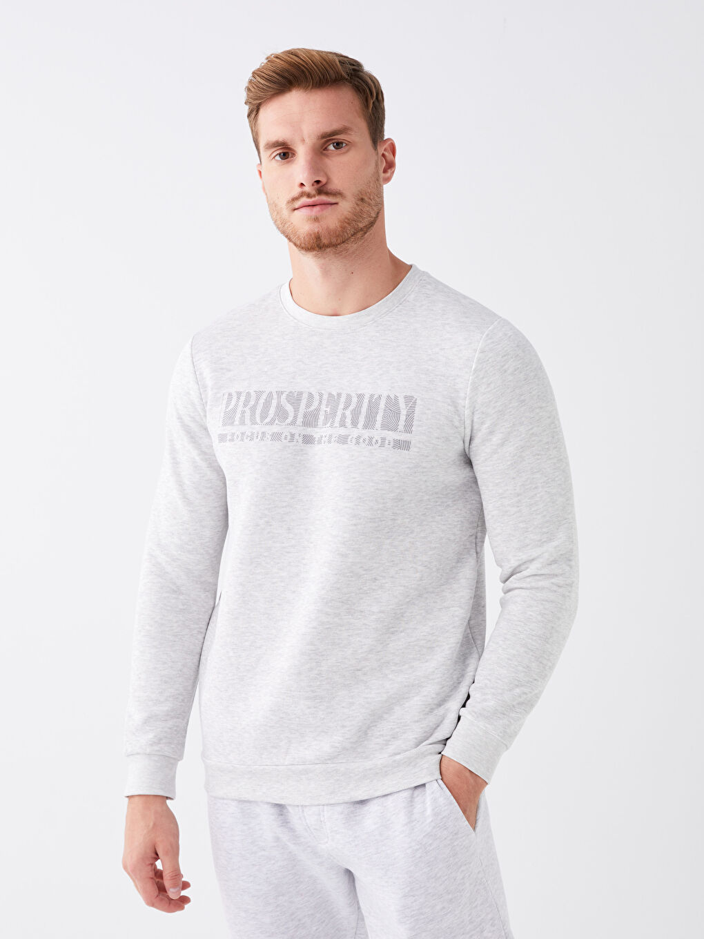 LCWAIKIKI Classic Taş Rengi Melanj Bisiklet Yaka Uzun Kollu Baskılı Erkek Sweatshirt