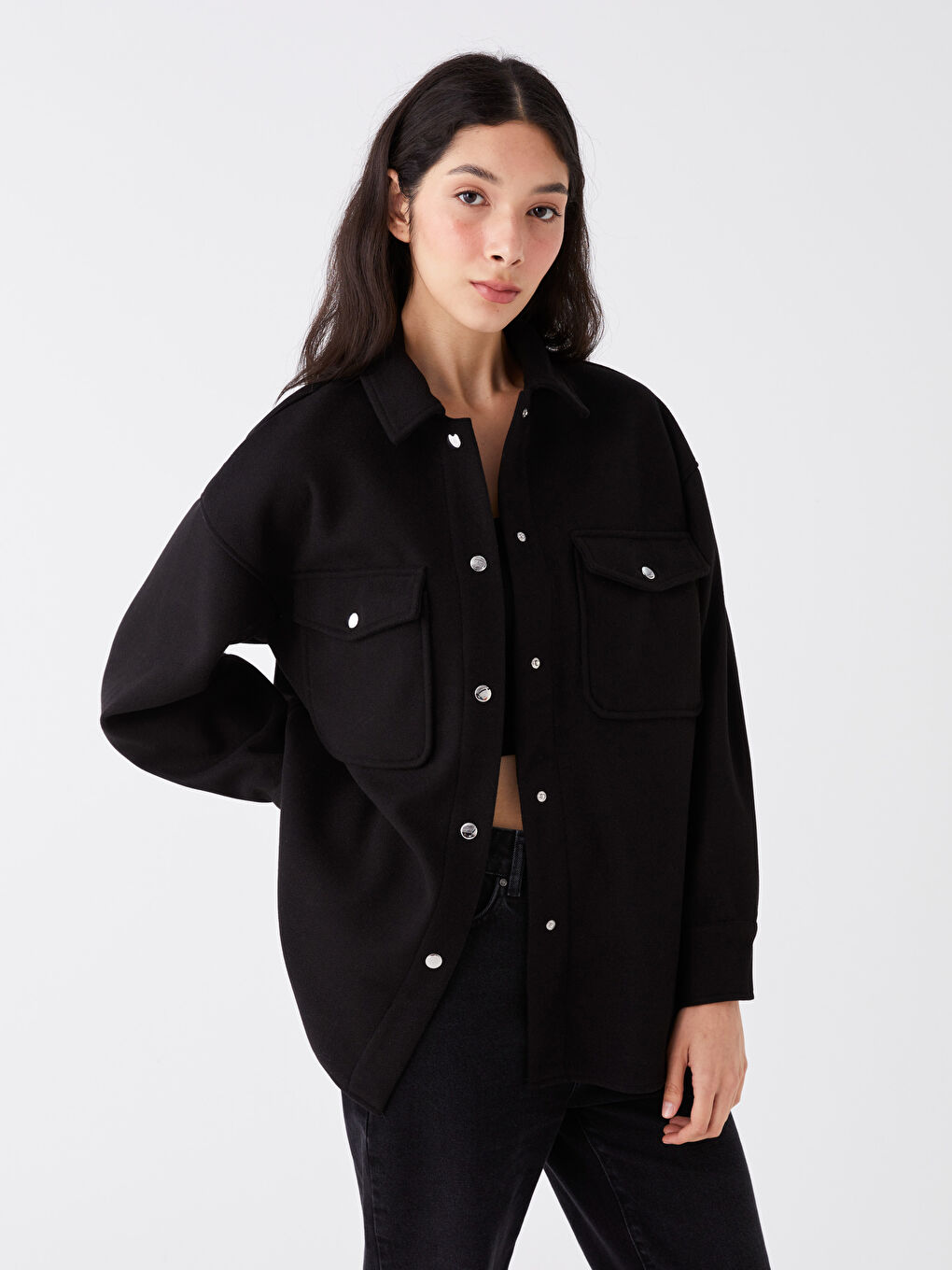 Plain Long Sleeve Women's Shirt Jacket