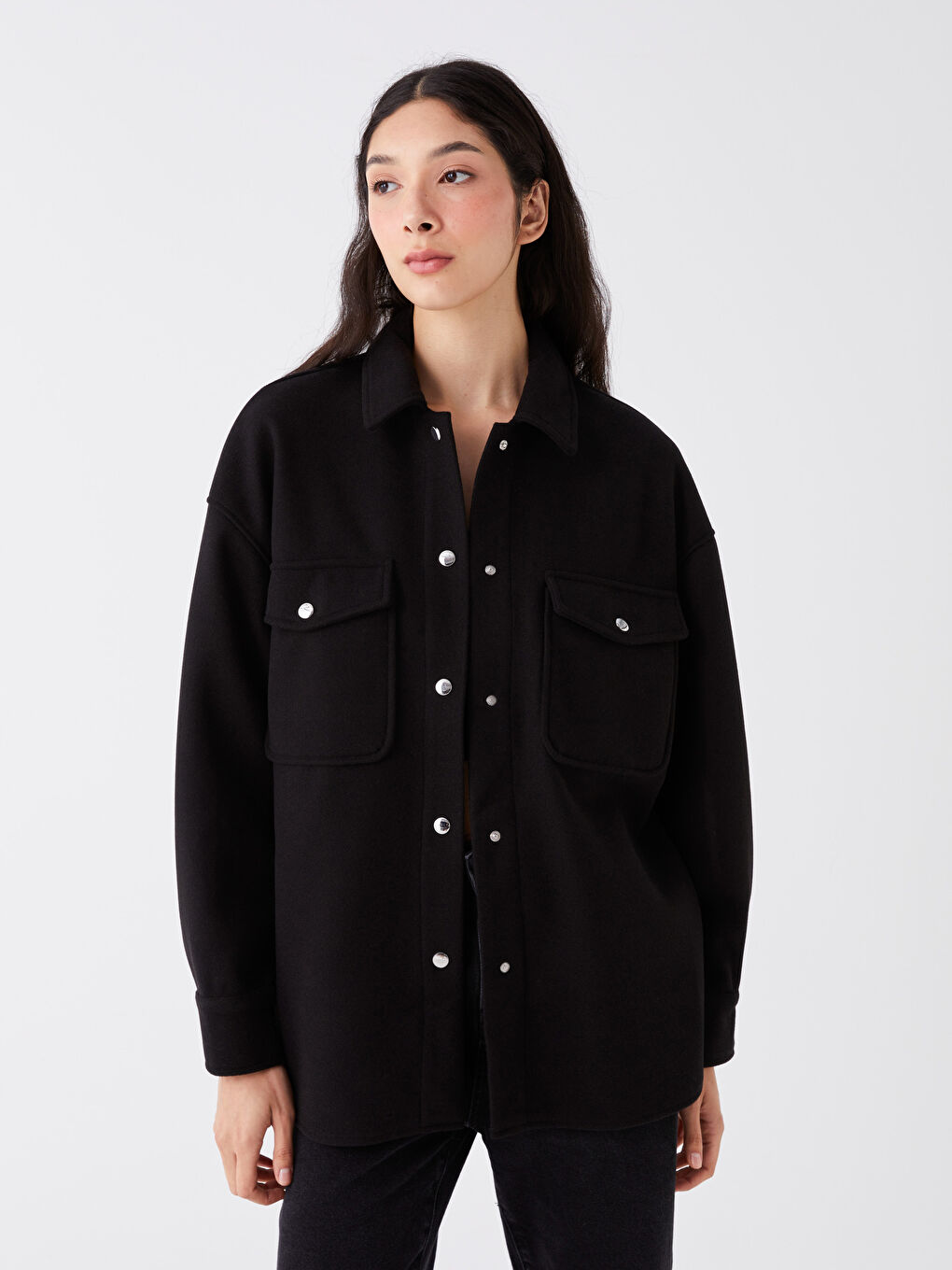 Plain Long Sleeve Women's Shirt Jacket-1