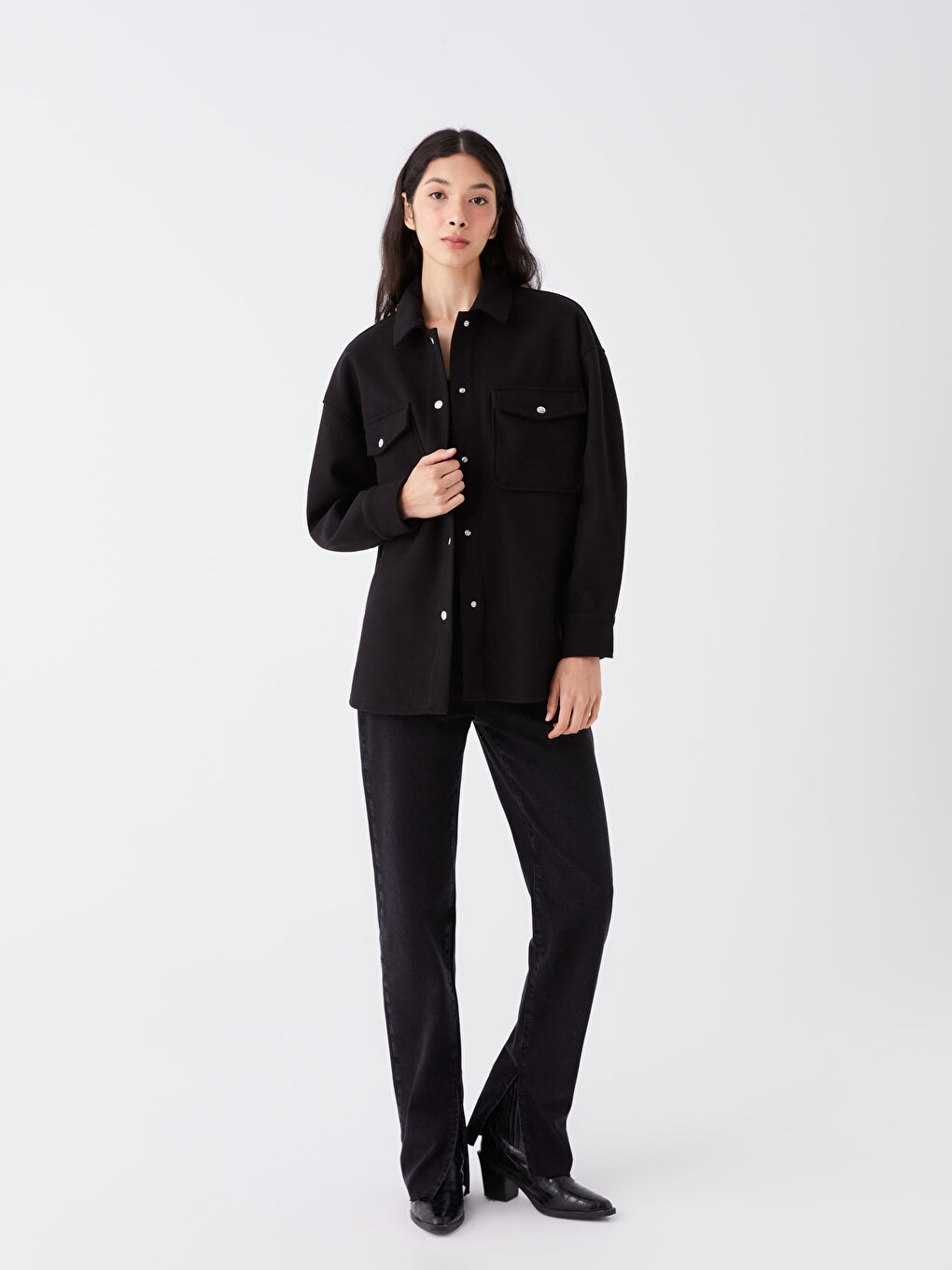 Plain Long Sleeve Women's Shirt Jacket-2