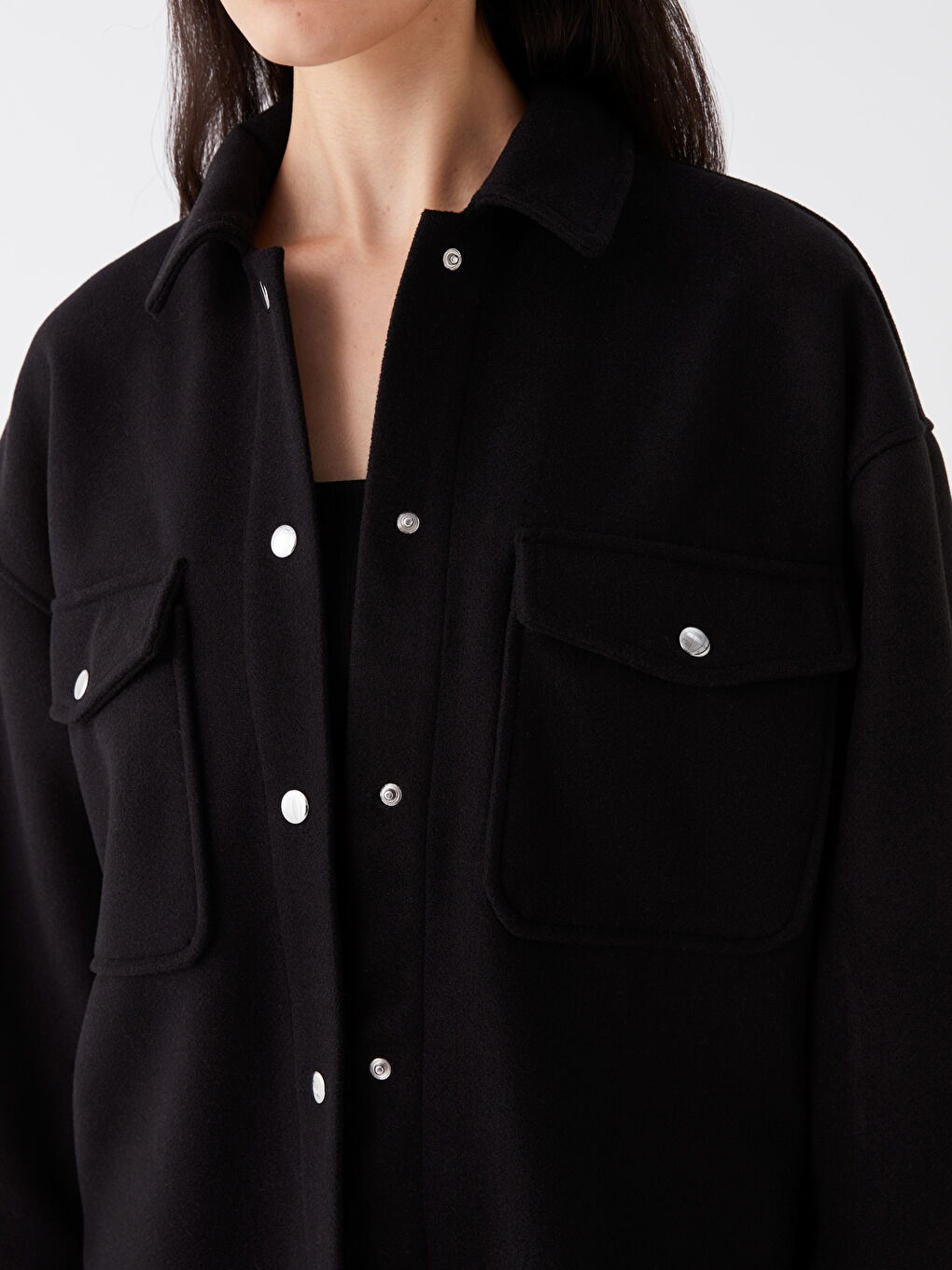 Plain Long Sleeve Women's Shirt Jacket-3