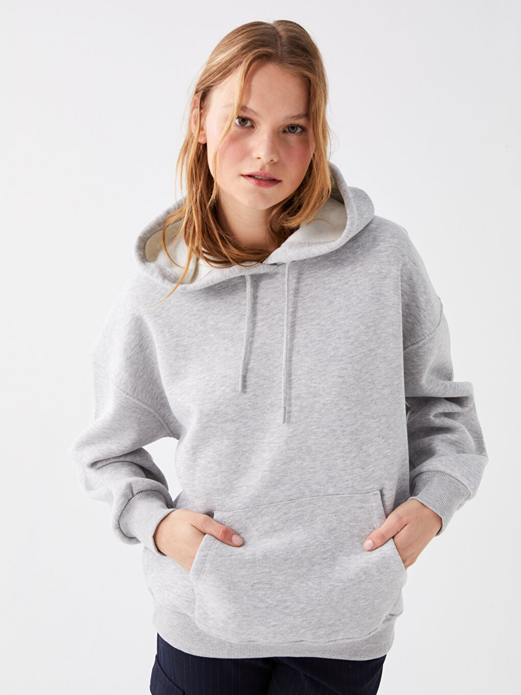 LCW Vision Orta Gri Melanj Düz Oversize Kadın Hoodie - 2