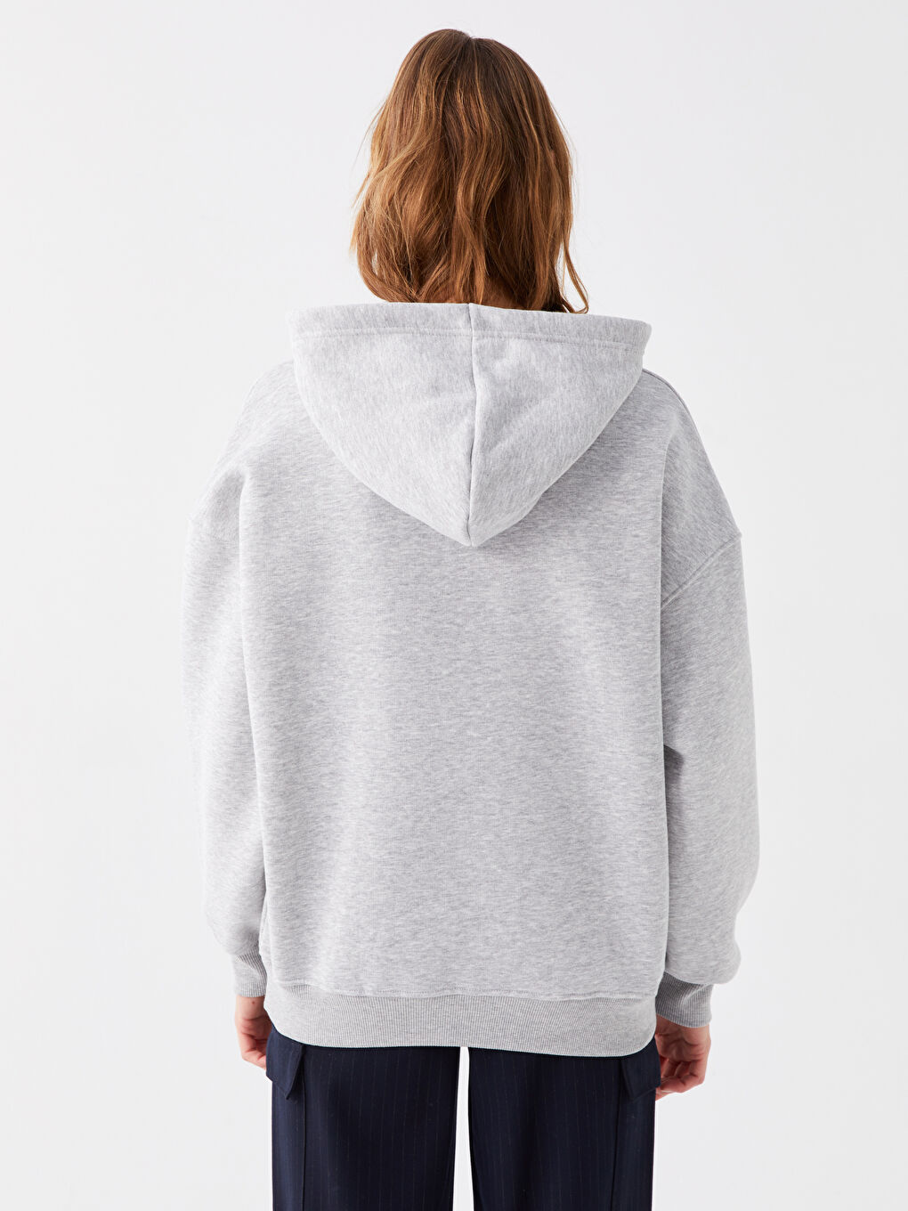 LCW Vision Orta Gri Melanj Düz Oversize Kadın Hoodie - 4