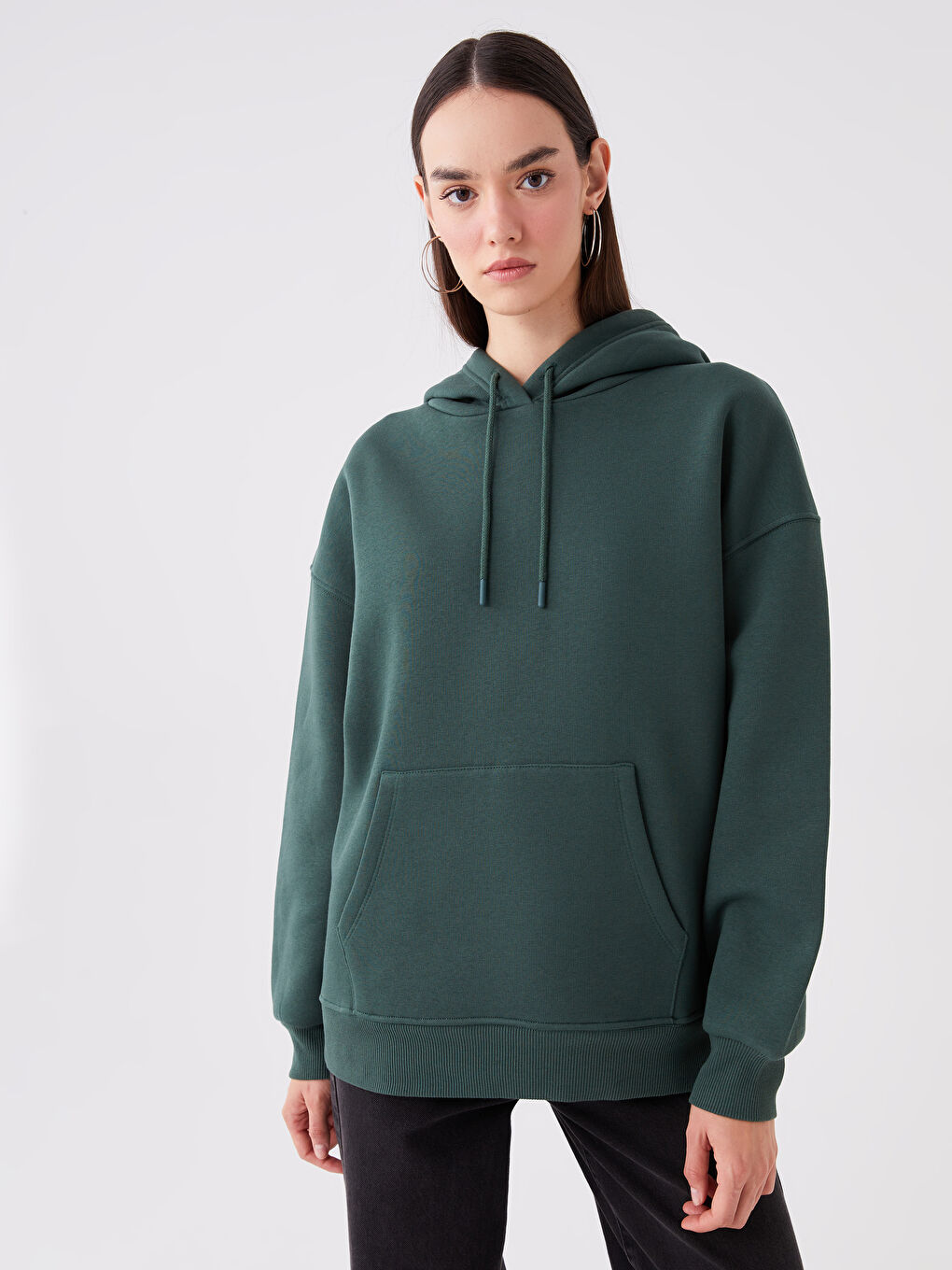 LCW Vision Koyu Yeşil Düz Oversize Kadın Hoodie