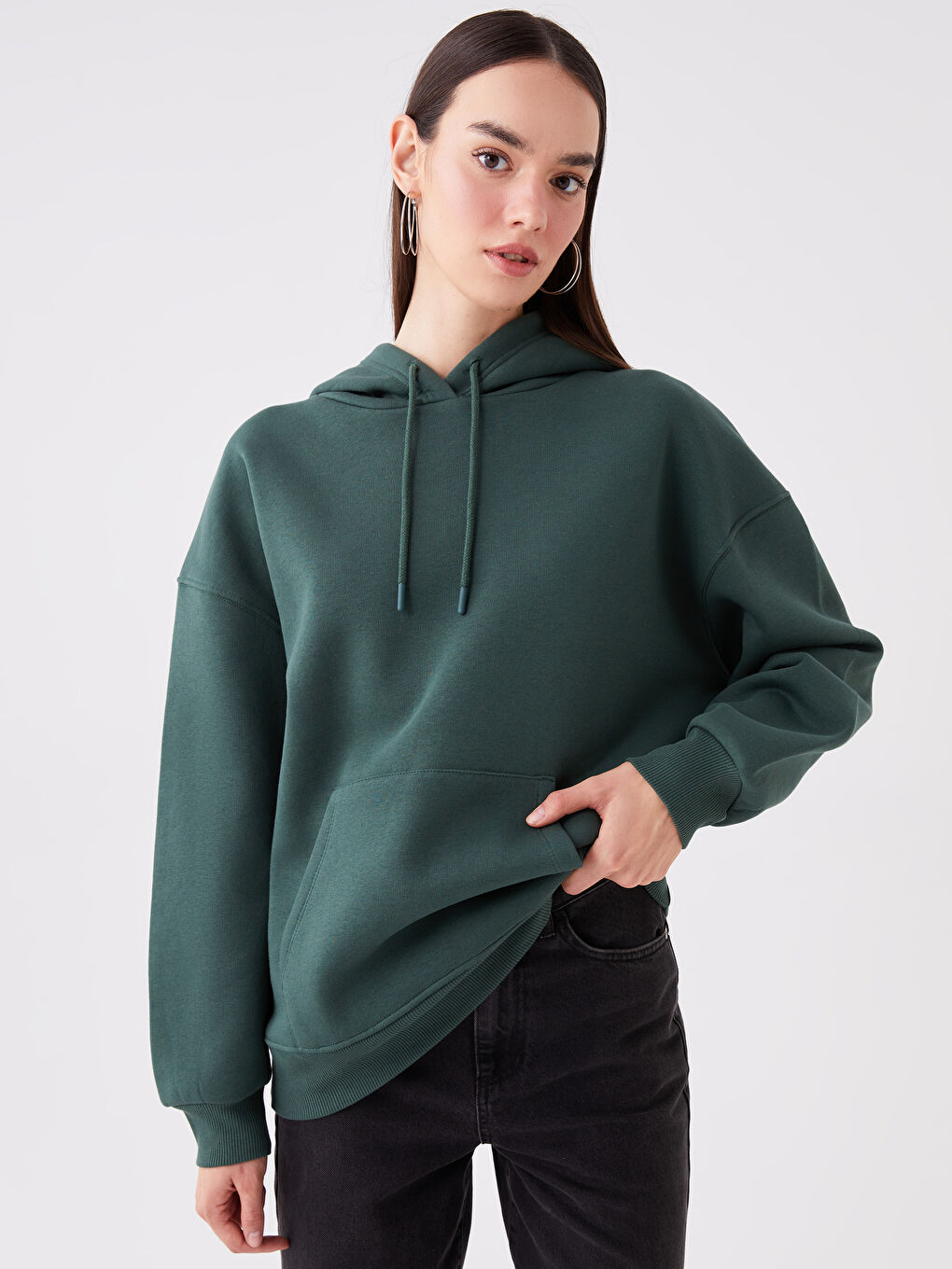 LCW Vision Koyu Yeşil Düz Oversize Kadın Hoodie - 1