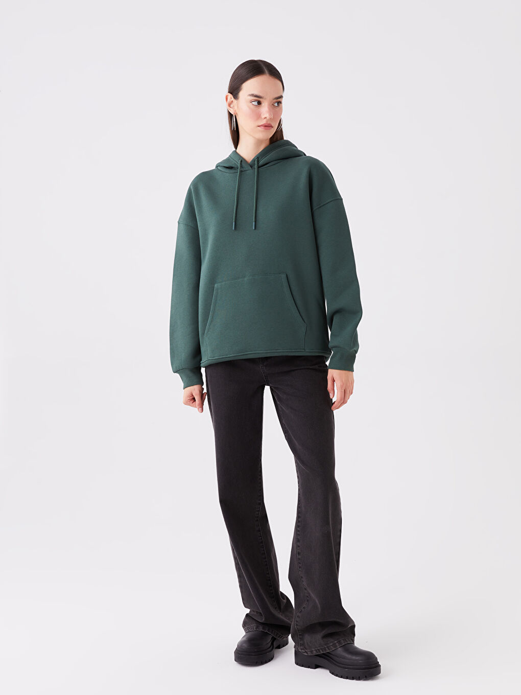 LCW Vision Koyu Yeşil Düz Oversize Kadın Hoodie - 2