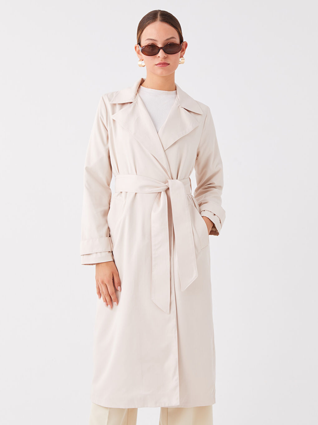 Bej Ceket Yaka Düz Uzun Kollu Kadın Trençkot