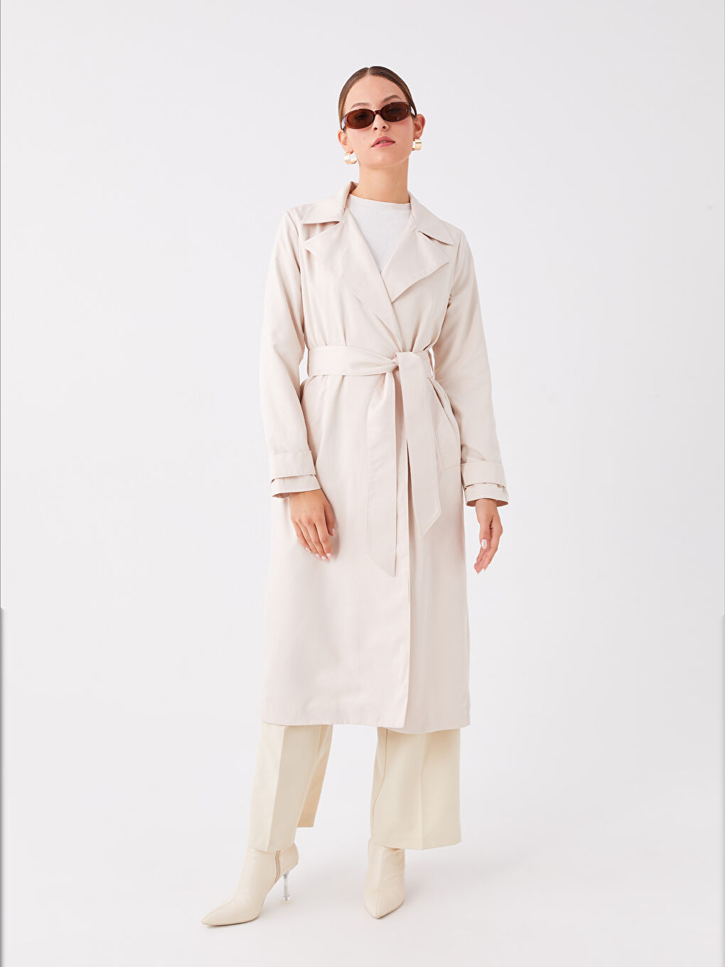 Bej Ceket Yaka Düz Uzun Kollu Kadın Trençkot-2