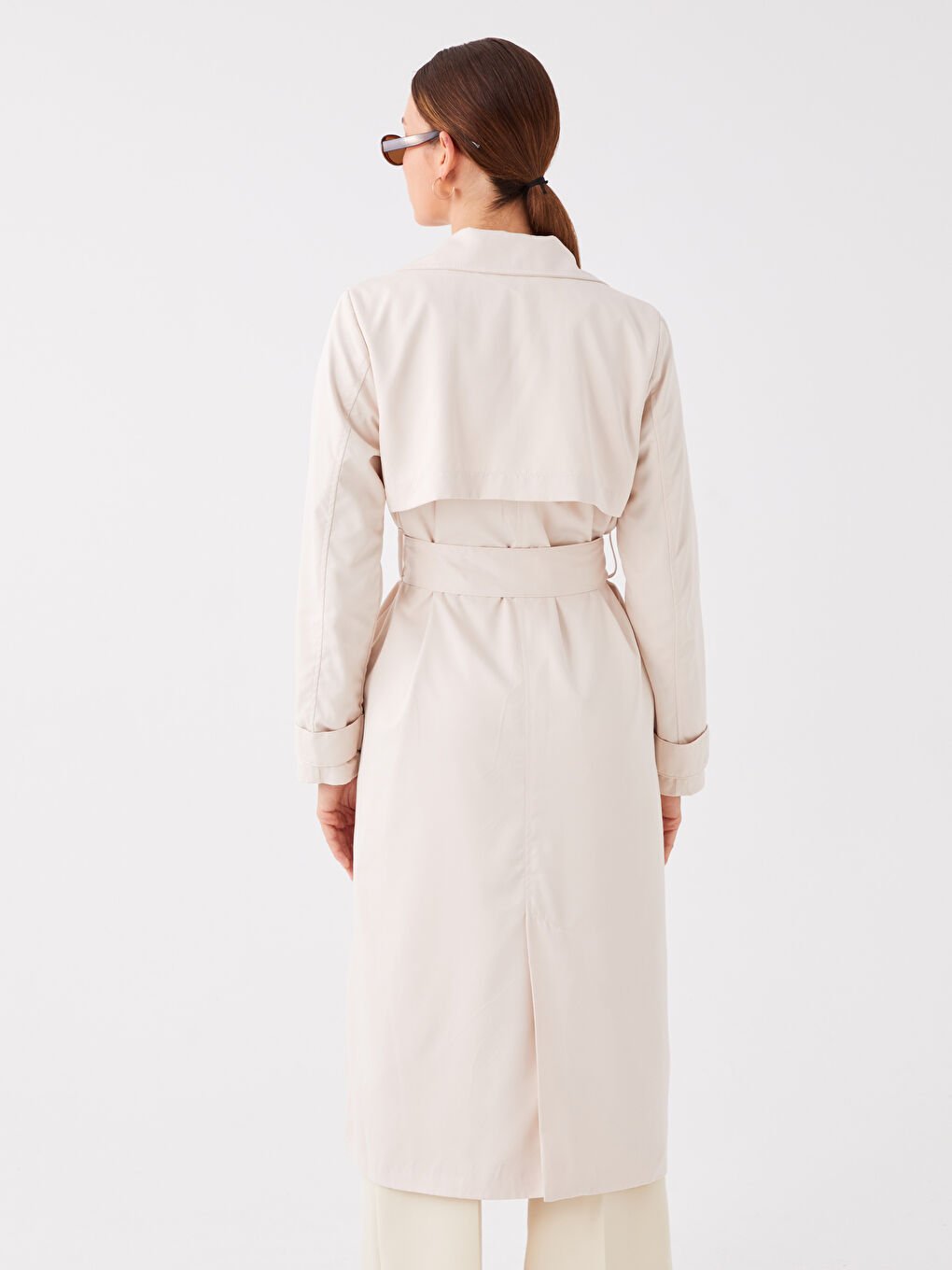 Bej Ceket Yaka Düz Uzun Kollu Kadın Trençkot-4