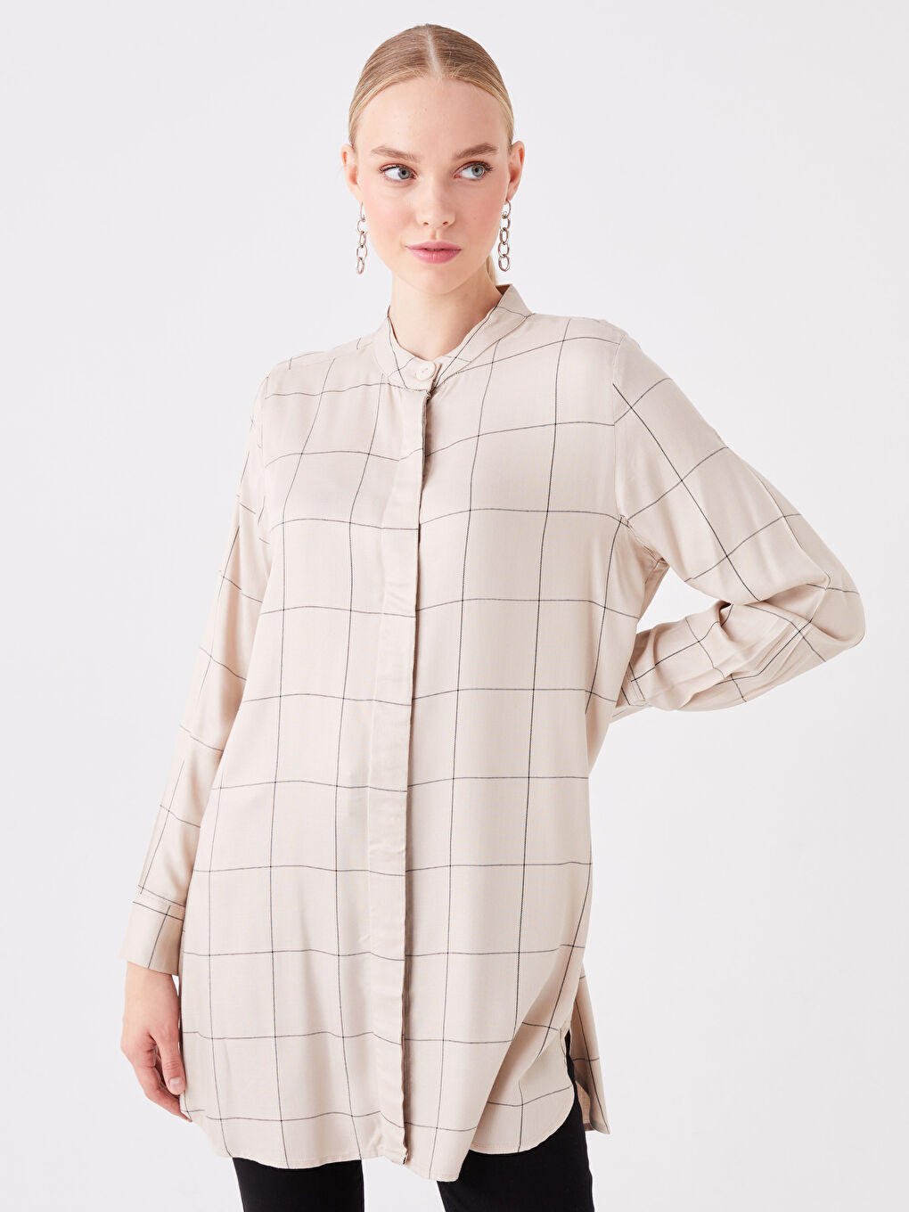LCWAIKIKI Classic Grandad Collar Plaid Long Sleeve Women's Tunic -W3G254Z8-LKQ
