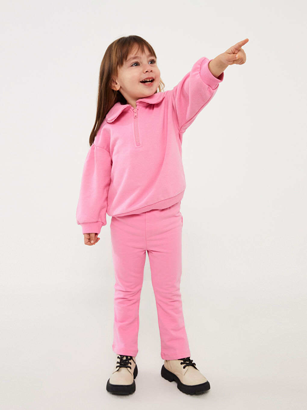 LCW baby Pembe Bebe Yaka Kız Bebek Sweatshirt ve Tayt Pantolon 2'li