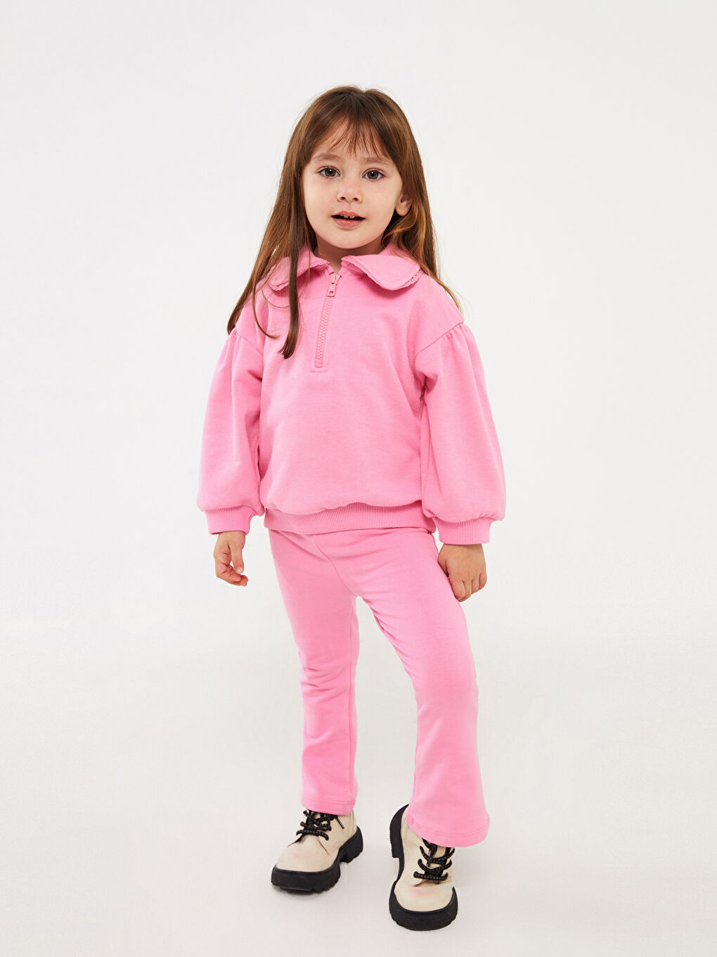 LCW baby Pembe Bebe Yaka Kız Bebek Sweatshirt ve Tayt Pantolon 2'li - 1