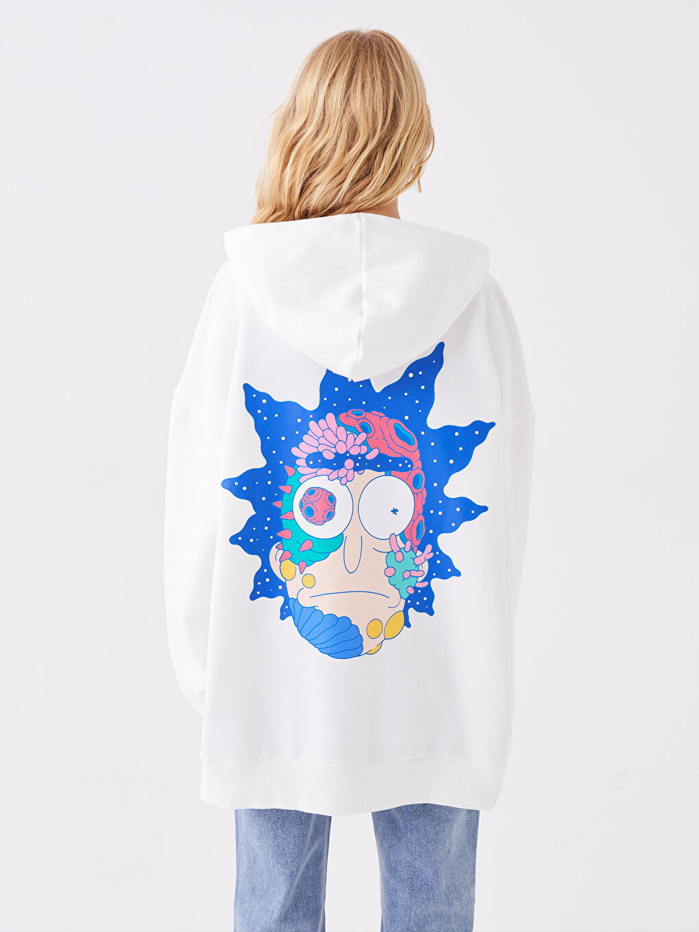 XSIDE Ekru Rick and Morty Baskılı Uzun Kollu Oversize Kadın Hoodie - 4