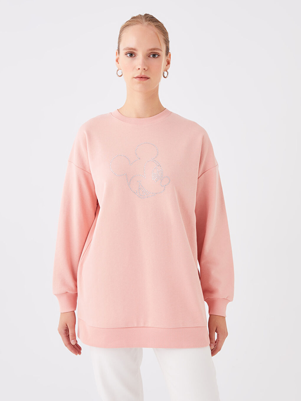 LCW Modest Mat Pembe Bisiklet Yaka Mickey Mouse Baskılı Uzun Kollu Oversize Kadın Tunik