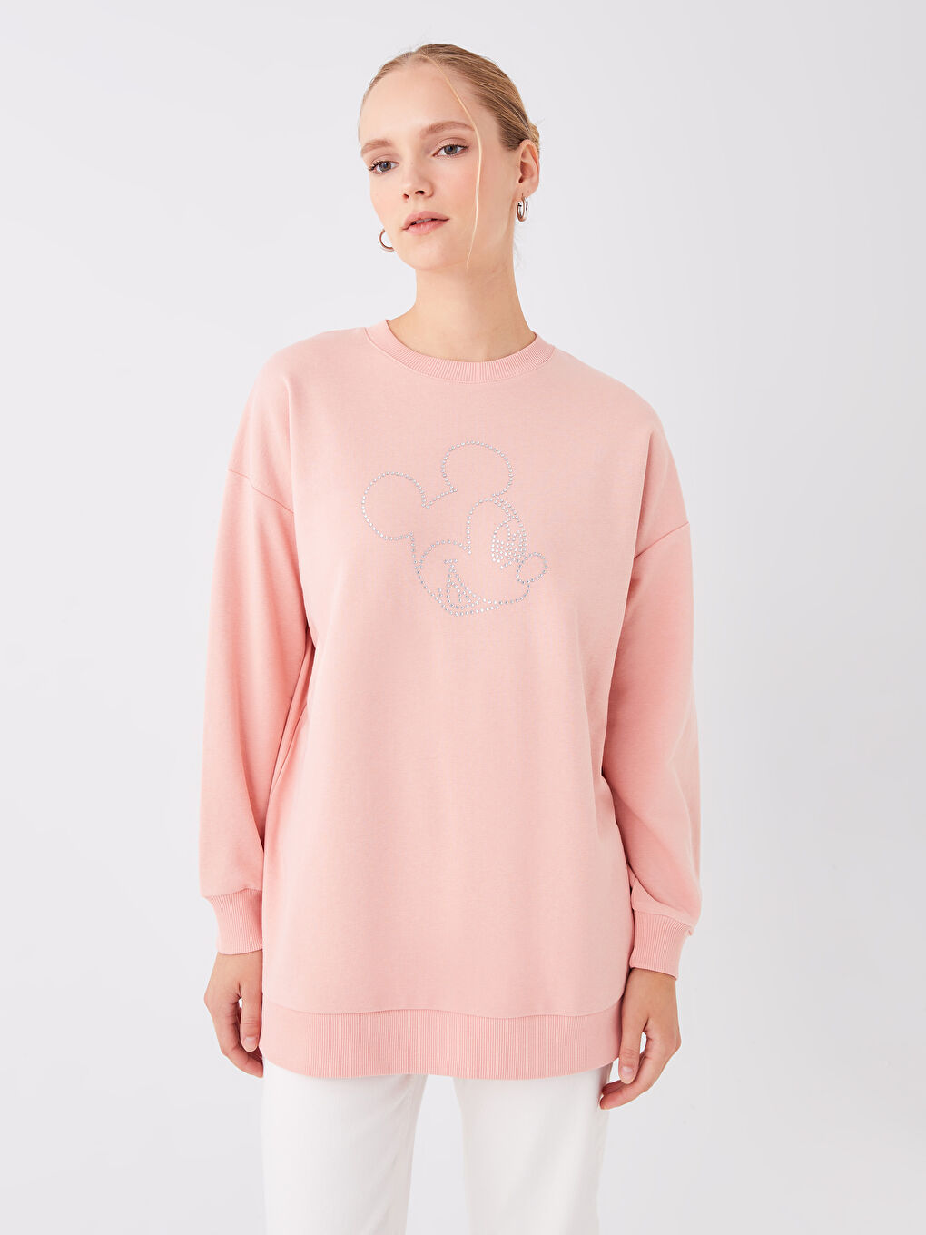 LCW Modest Mat Pembe Bisiklet Yaka Mickey Mouse Baskılı Uzun Kollu Oversize Kadın Tunik - 1