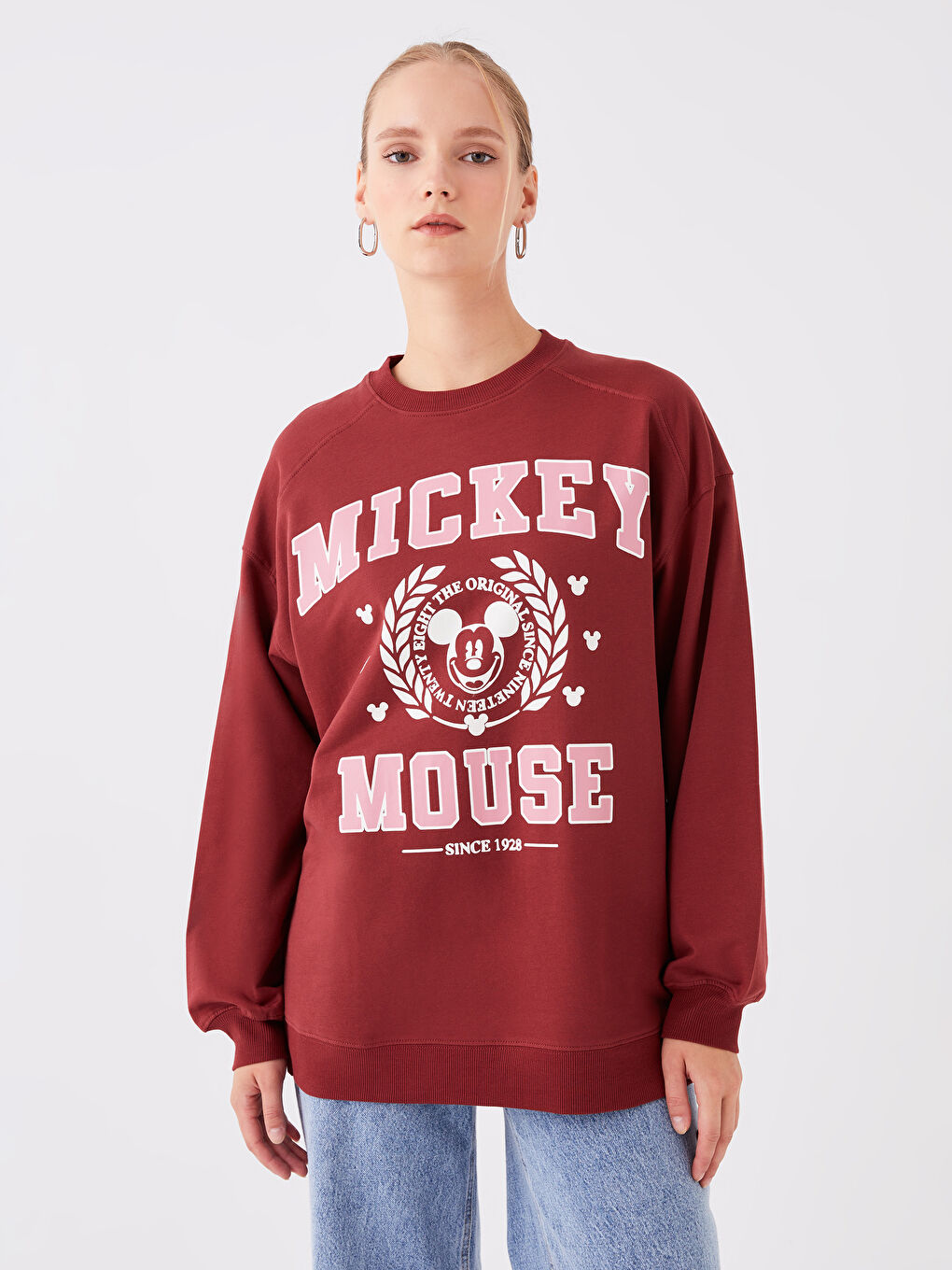 LCW Modest Bordo Bisiklet Yaka Mickey Mouse Baskılı Uzun Kollu Oversize Kadın Tunik