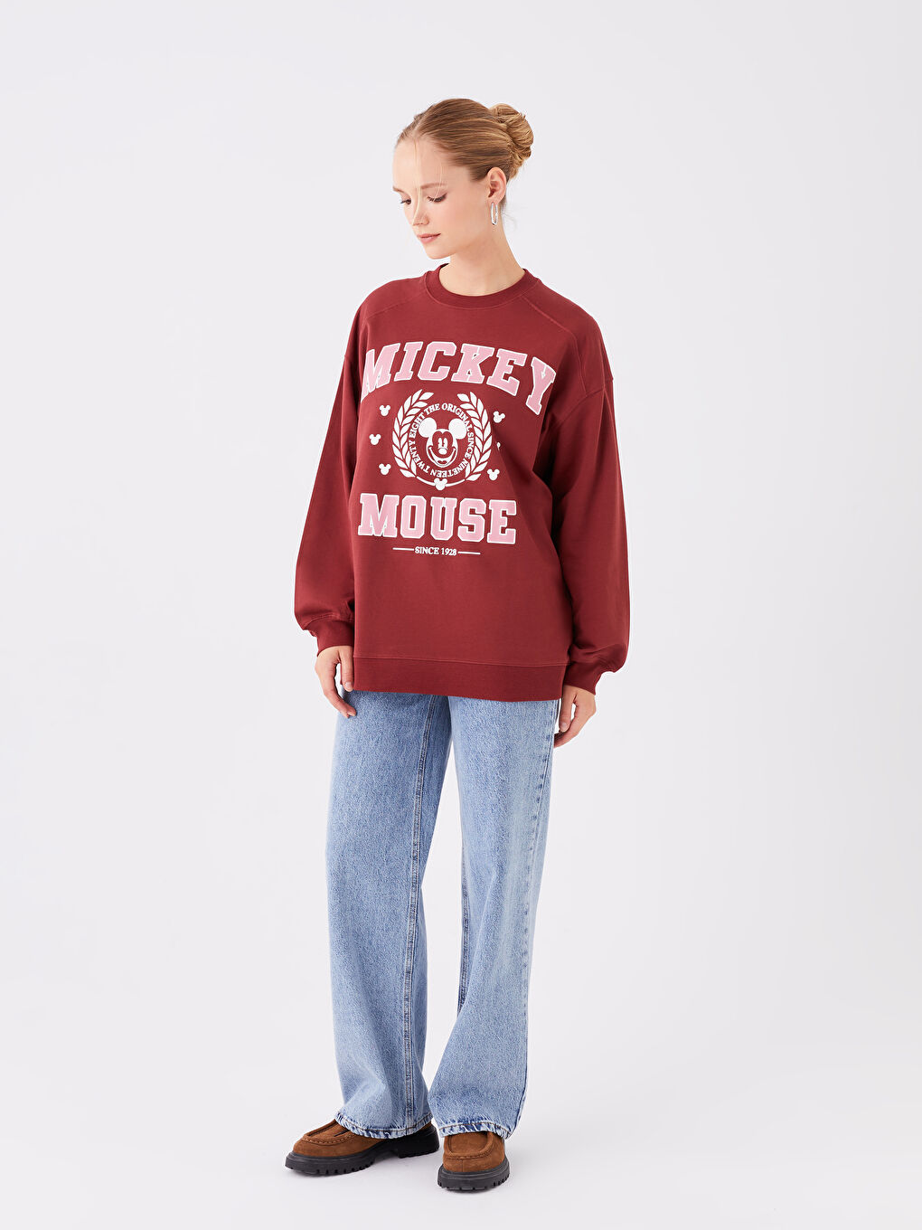 LCW Modest Bordo Bisiklet Yaka Mickey Mouse Baskılı Uzun Kollu Oversize Kadın Tunik - 2