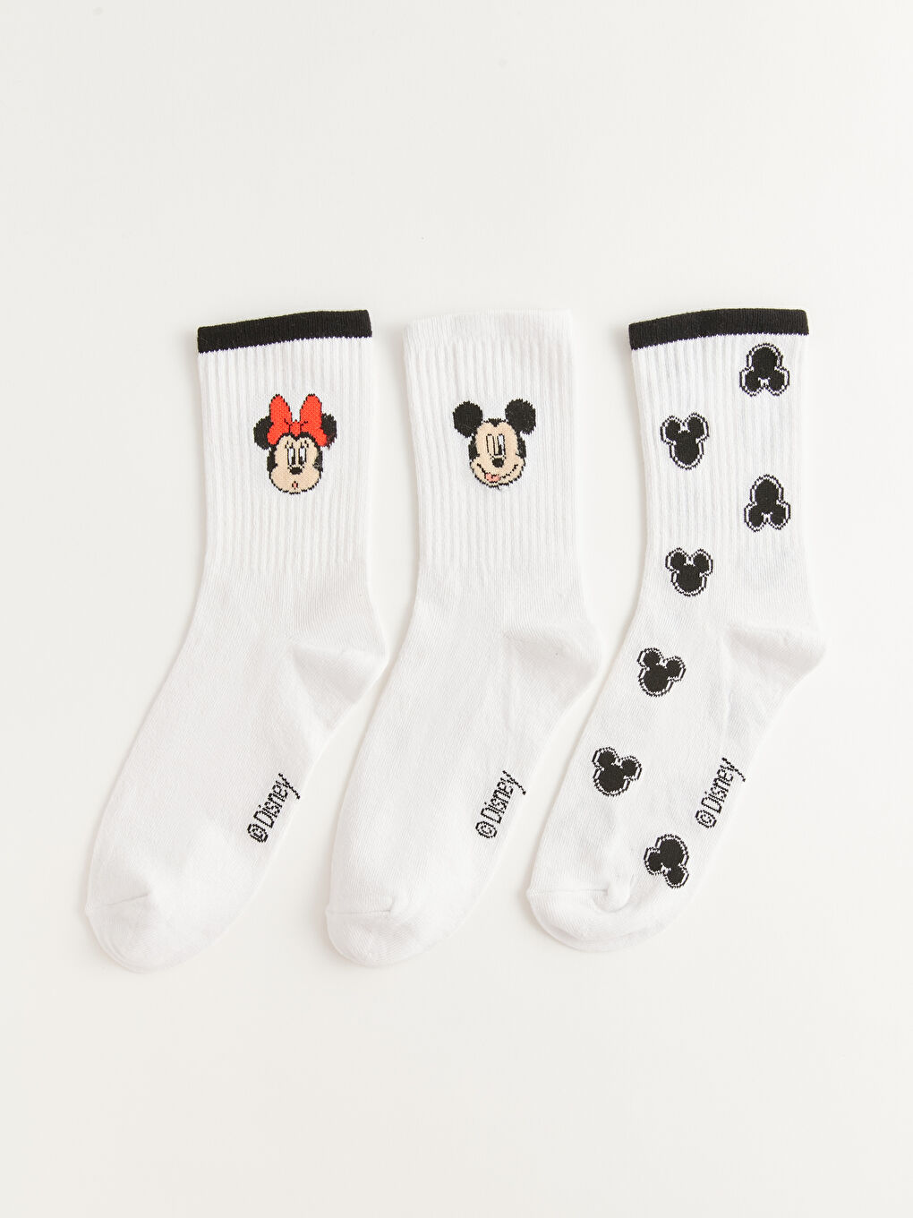 Ekru Mickey ve Minnie Mouse Baskılı Kadın Soket Çorap 3'lü Paket