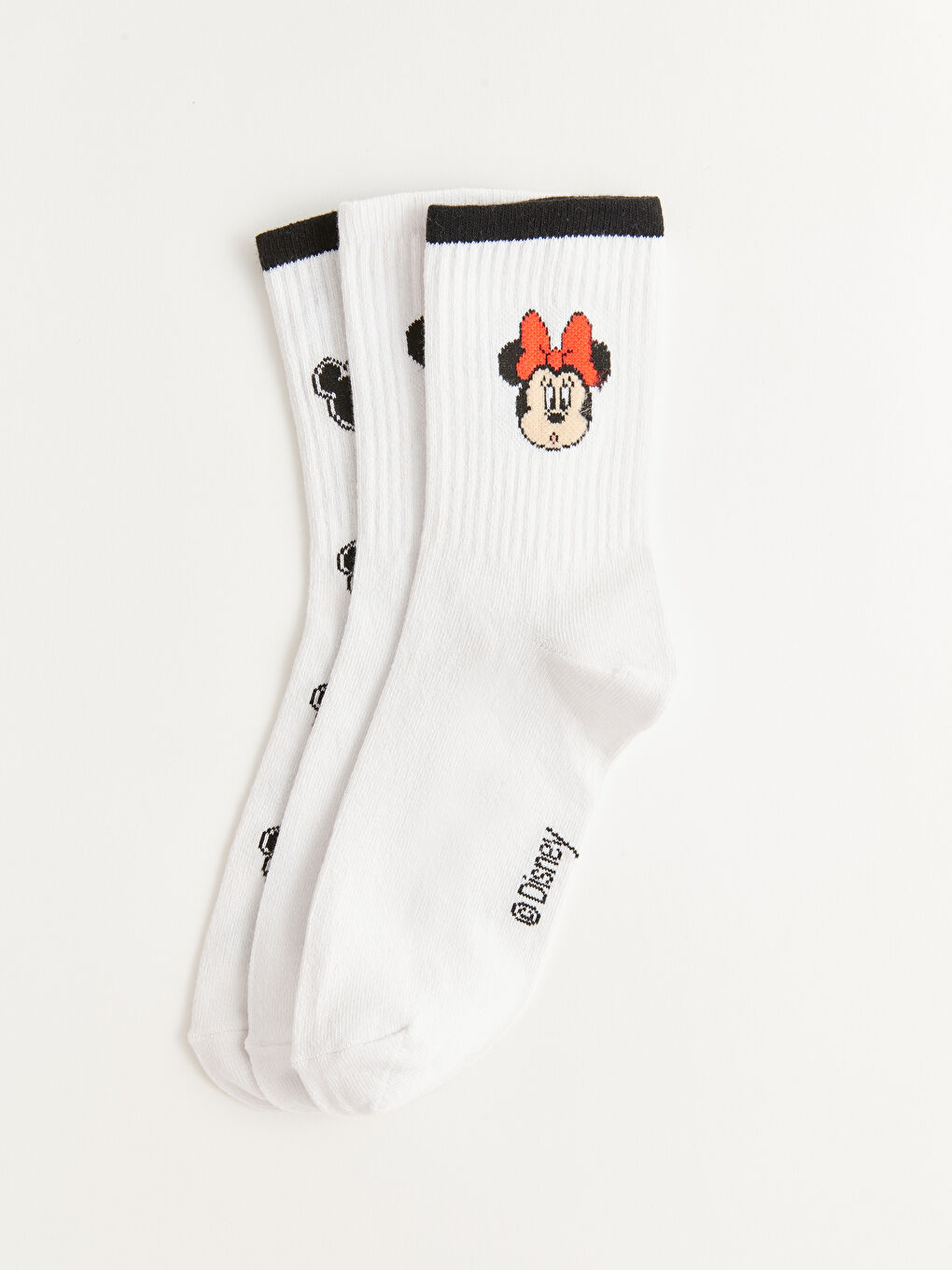 Ekru Mickey ve Minnie Mouse Baskılı Kadın Soket Çorap 3'lü Paket-2