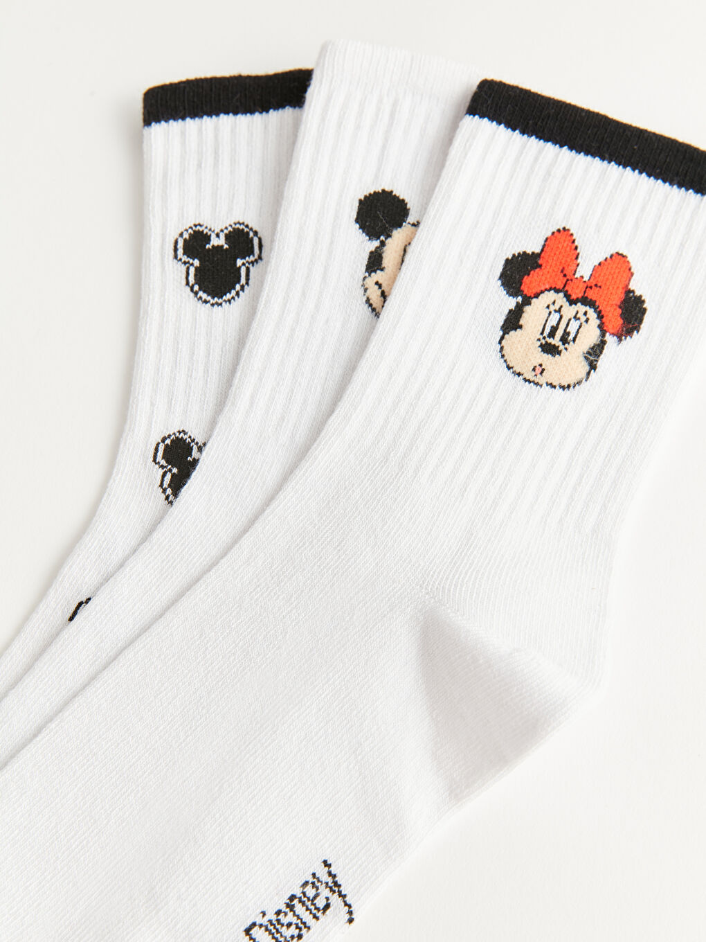 Ekru Mickey ve Minnie Mouse Baskılı Kadın Soket Çorap 3'lü Paket-3