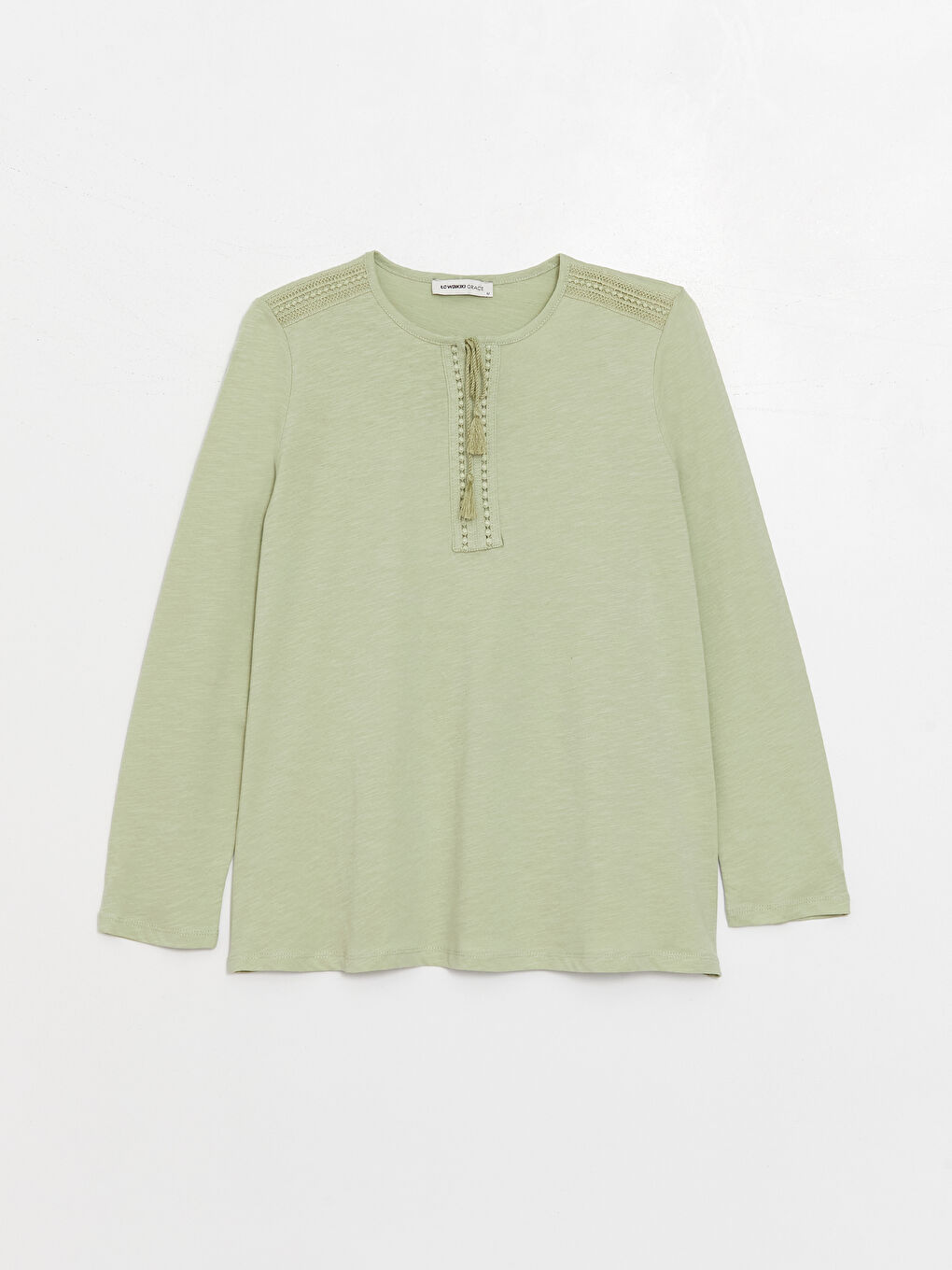 Yeşil Bağlamalı Yaka Nakışlı Uzun Kollu Kadın Bluz-5